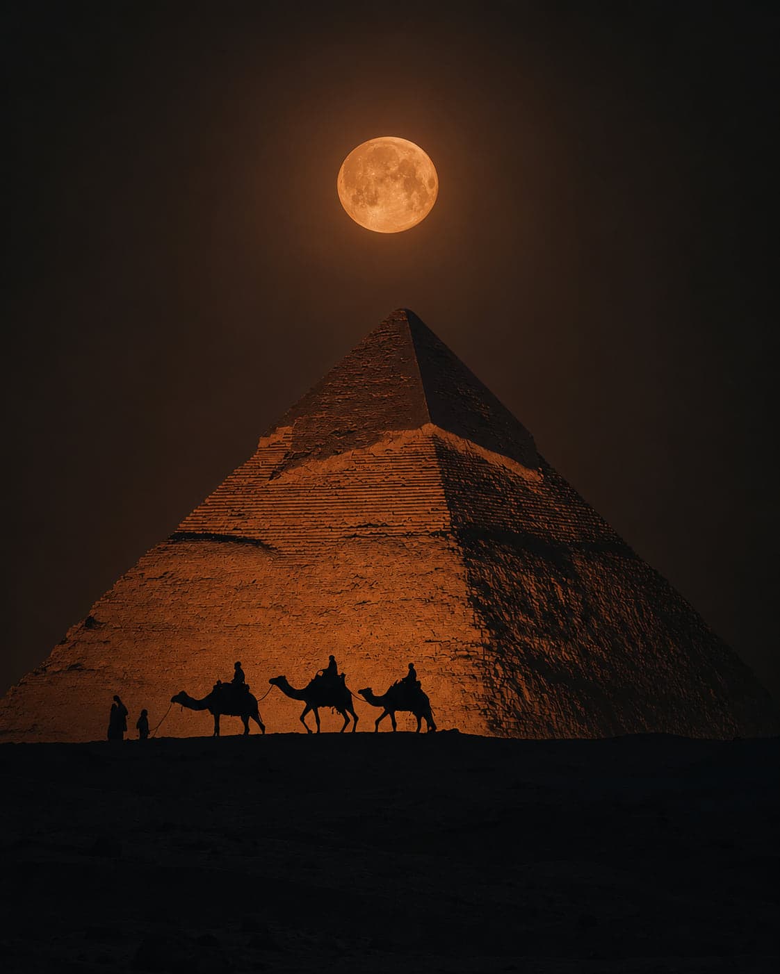 A camel caravan crossing the sand in silhouette beneath the pyramid of Khafre at moonrise.