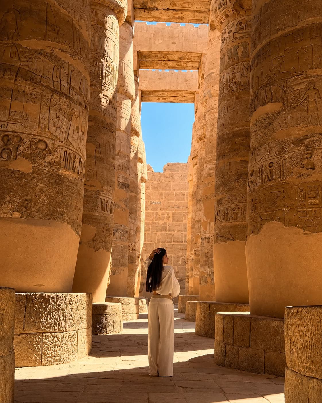 A woman walking between the carved sandstone columns of the hypostyle hall at Karnak.