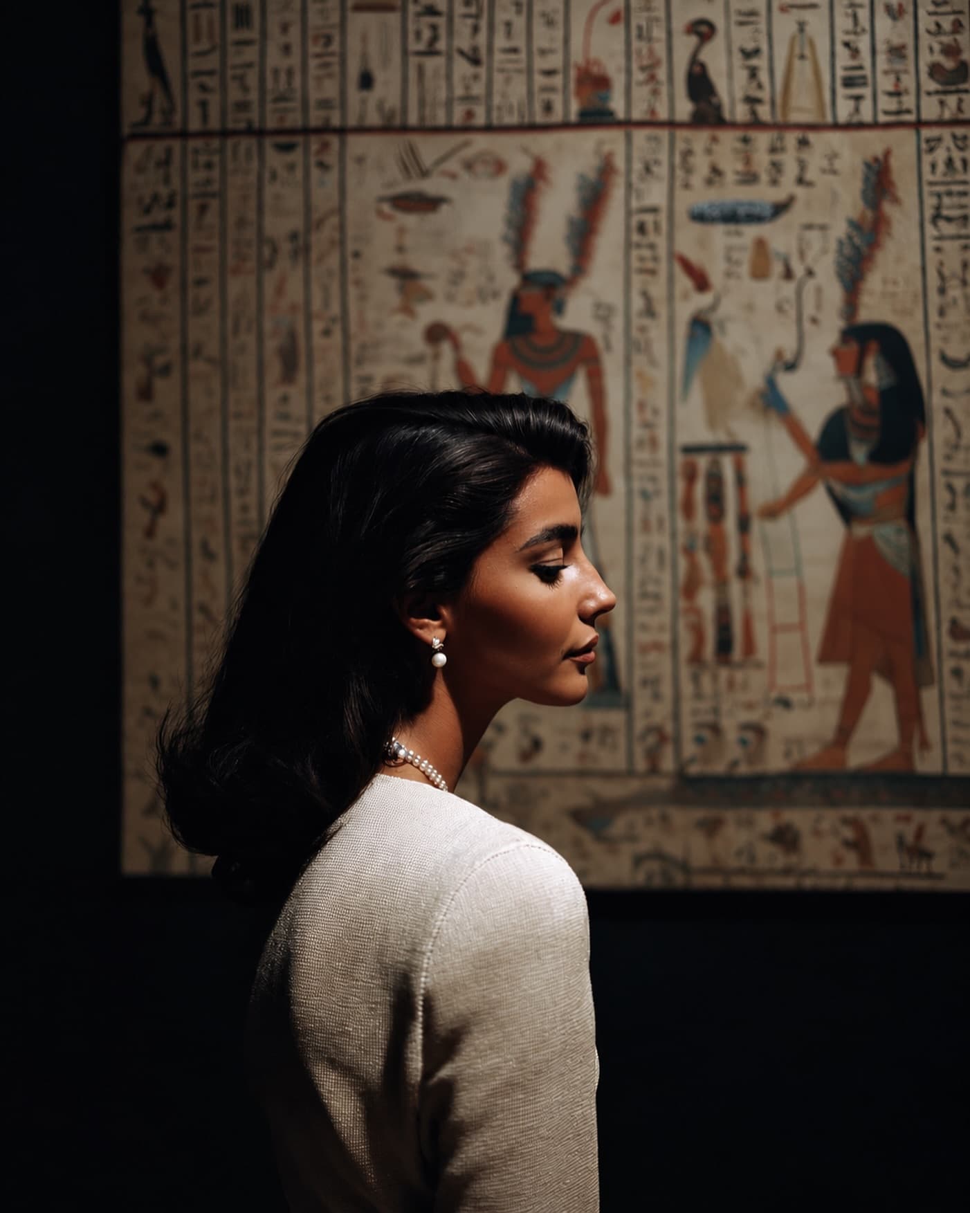 Illustration: a woman in profile before a wall of hieroglyphs