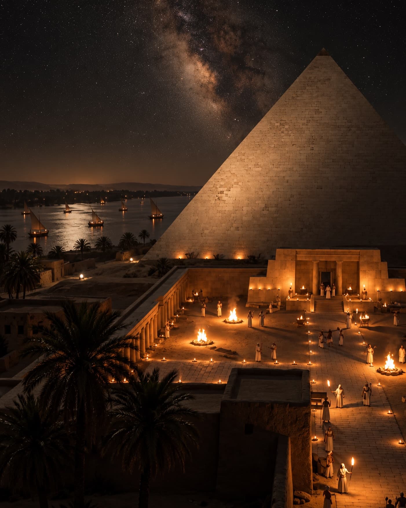 Illustration: a pyramid beside the Nile at night, with a lamp-lit temple courtyard