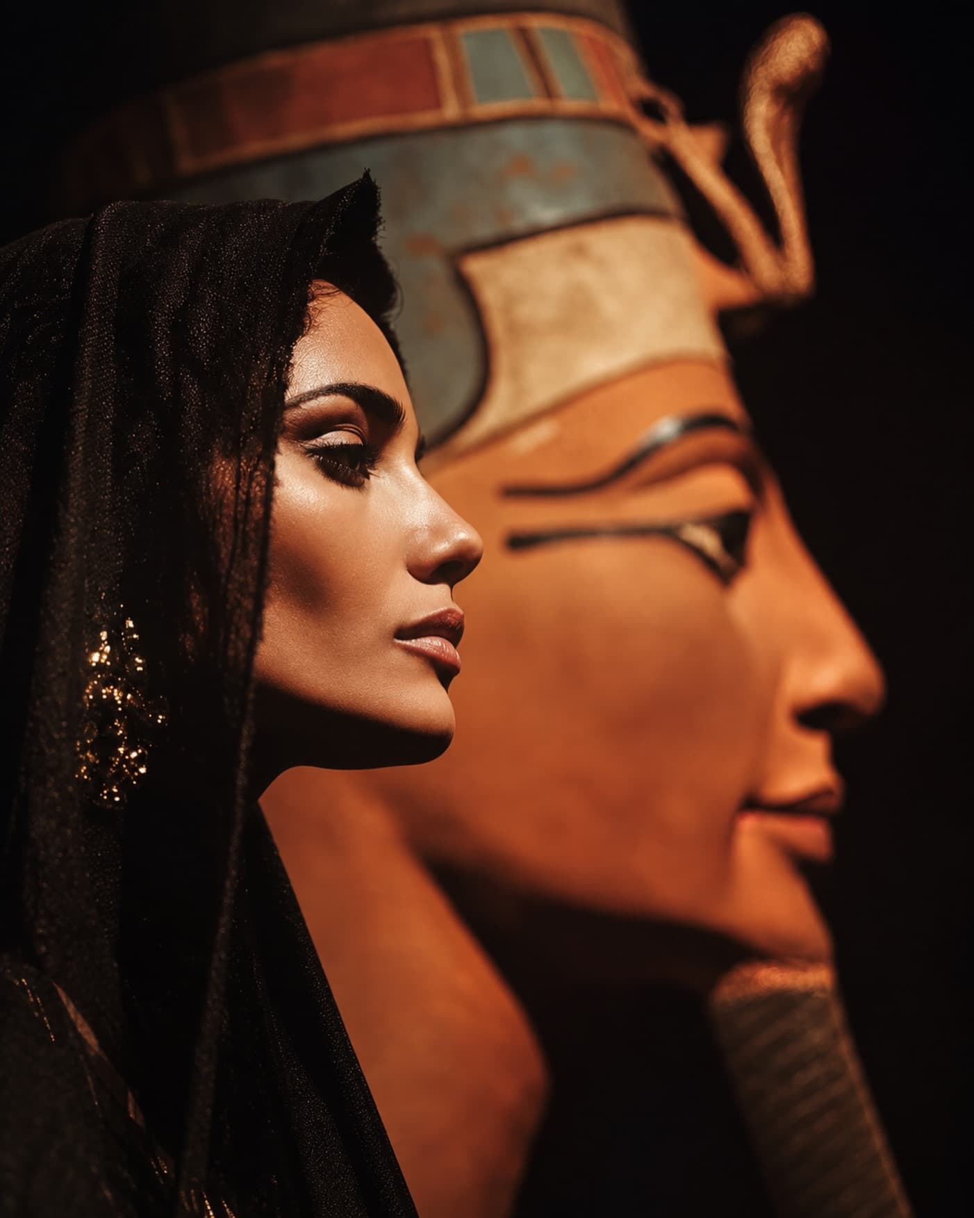 Illustration: a woman in a headscarf beside the bust of Nefertiti