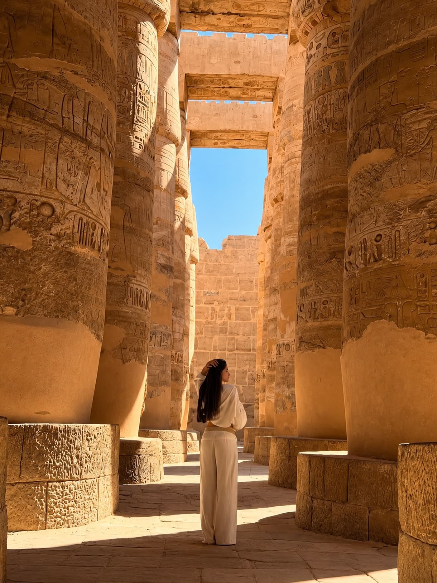 A woman stands among the columns of an ancient Egyptian temple