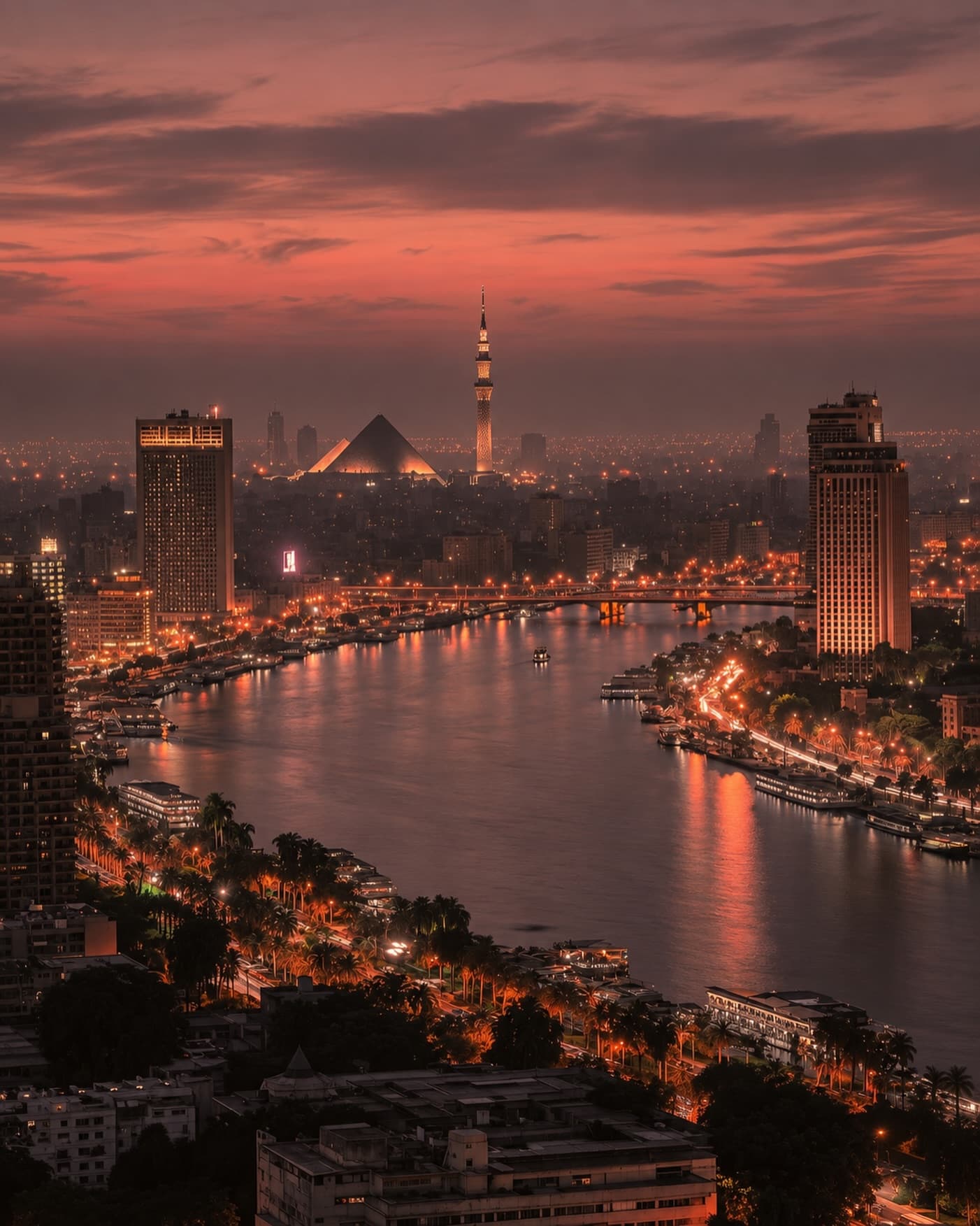 Cairo’s skyline and the Nile at sunset, with Cairo Tower and the pyramids in the distance