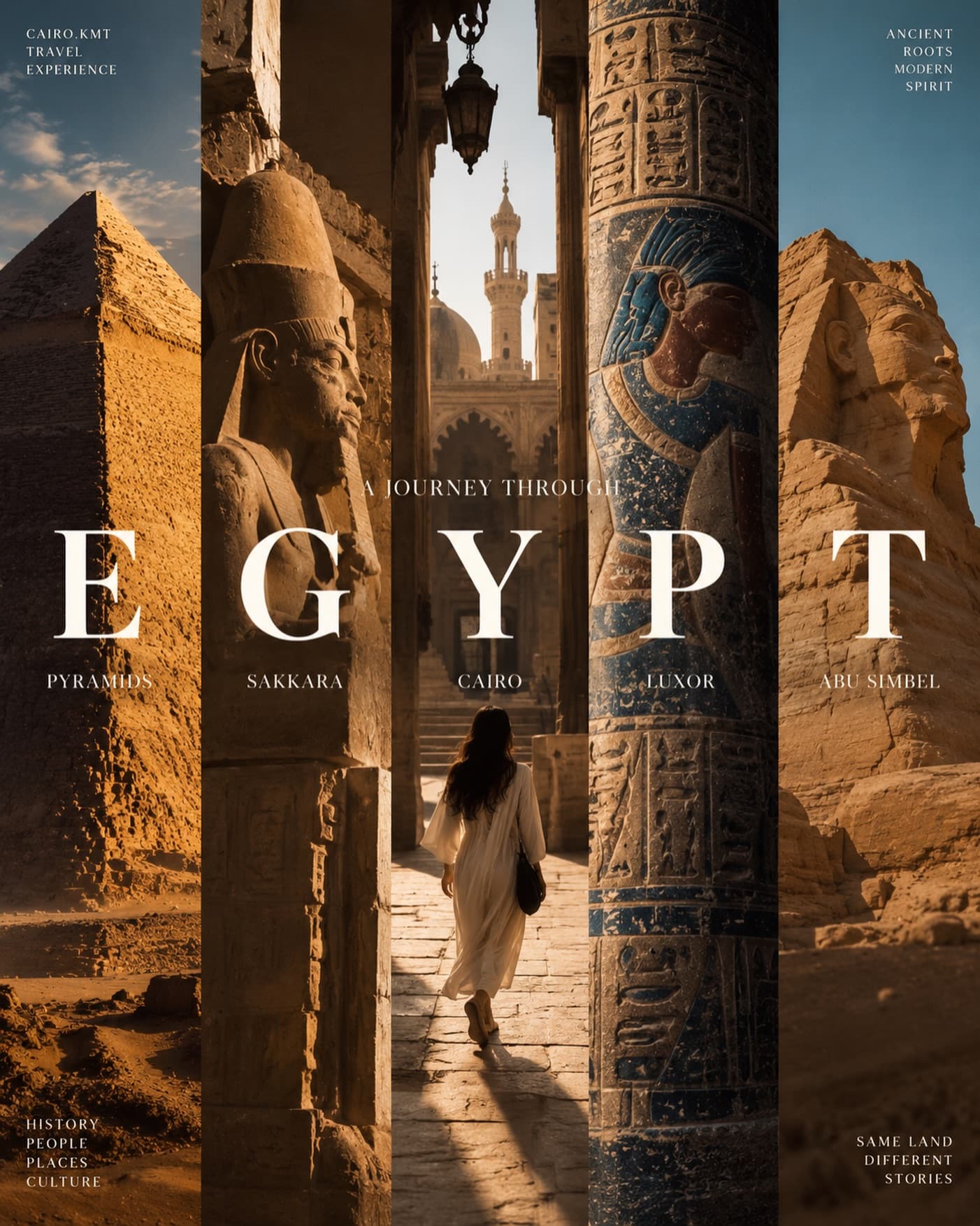 Composite of the pyramids, Saqqara, Cairo, Luxor and Abu Simbel spelling the word EGYPT