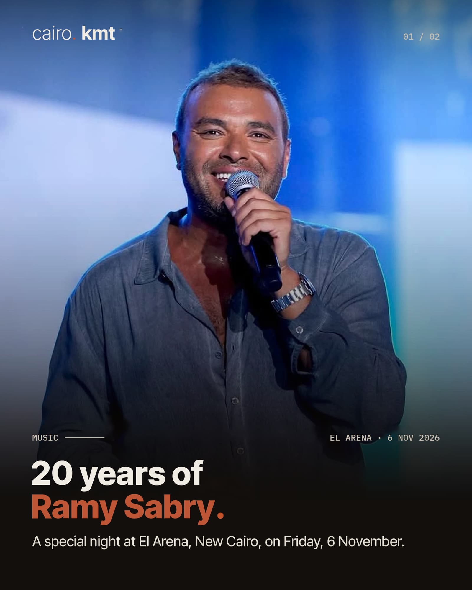 Ramy Sabry singing on stage, with the headline 20 years of Ramy Sabry