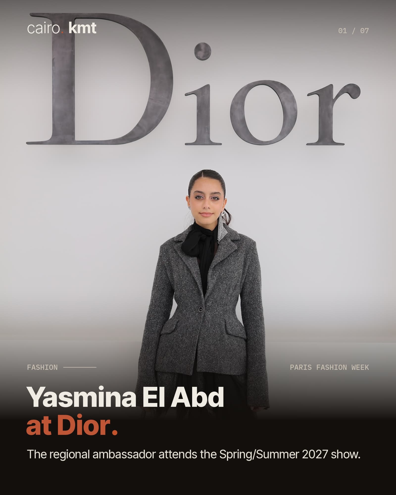 Yasmina El Abd in a grey jacket beneath the Dior name