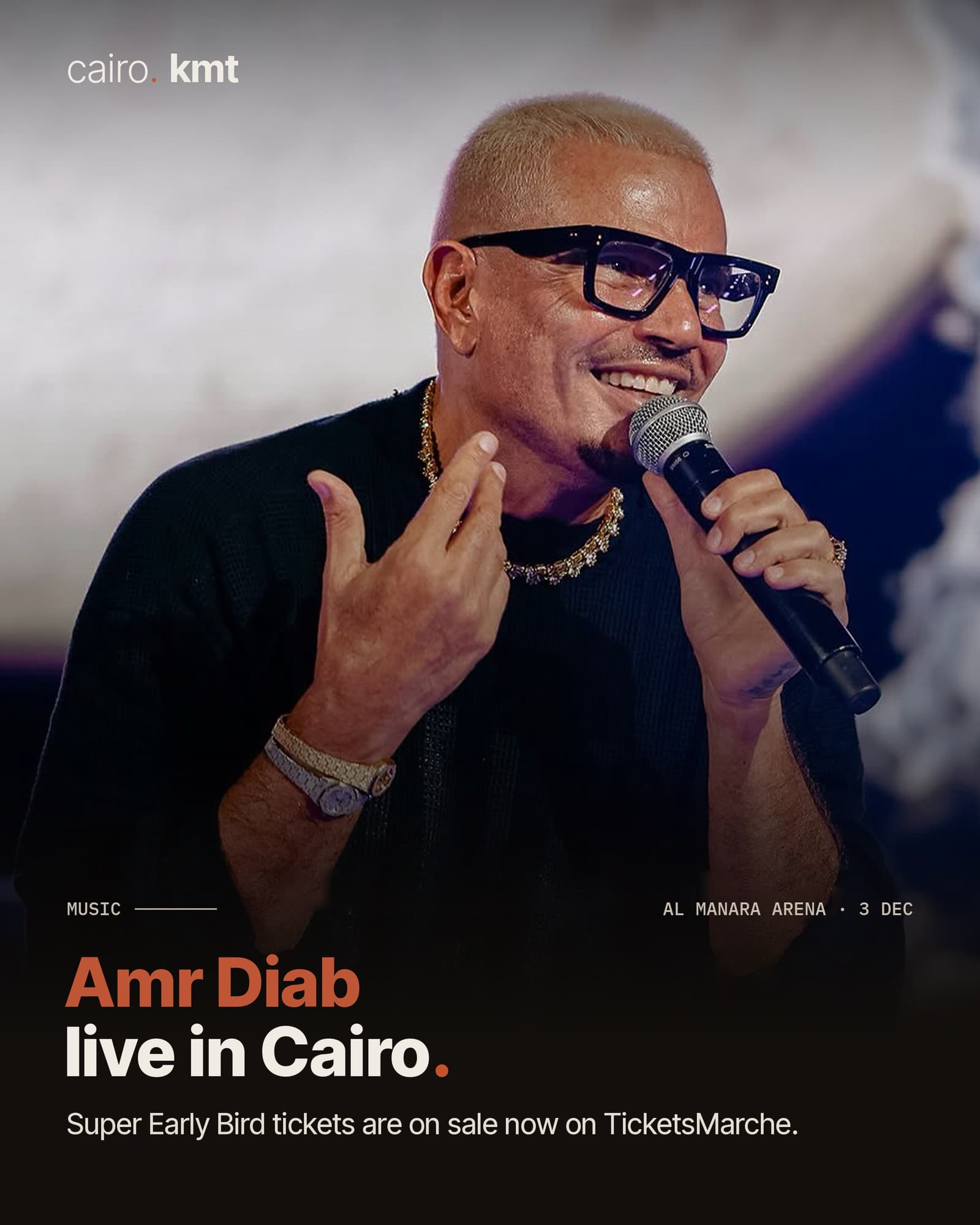 Amr Diab singing, with the headline Amr Diab live in Cairo