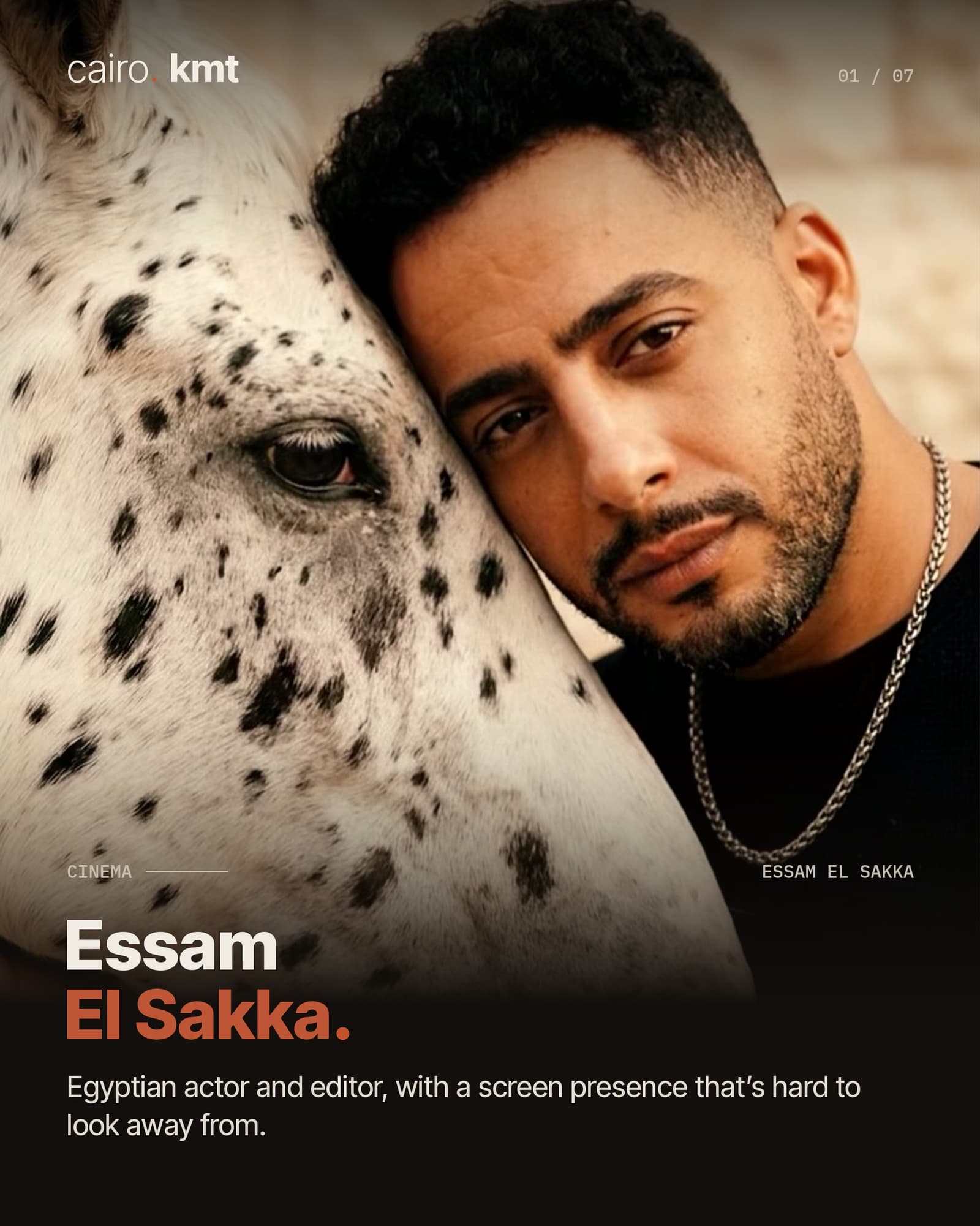 Essam El Sakka beside a spotted horse