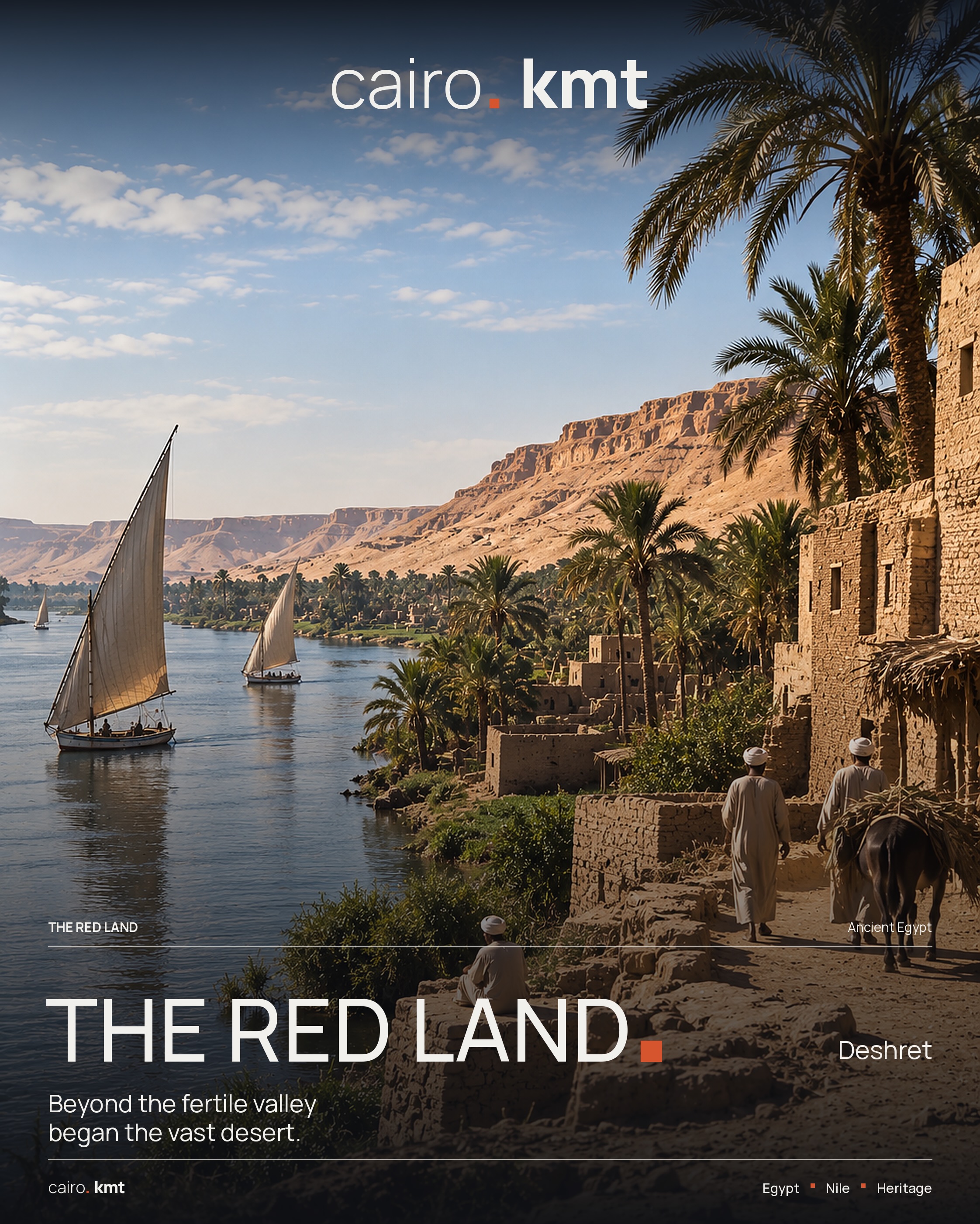 Mud-brick houses and camels on the bank of the Nile, under the word KEMET