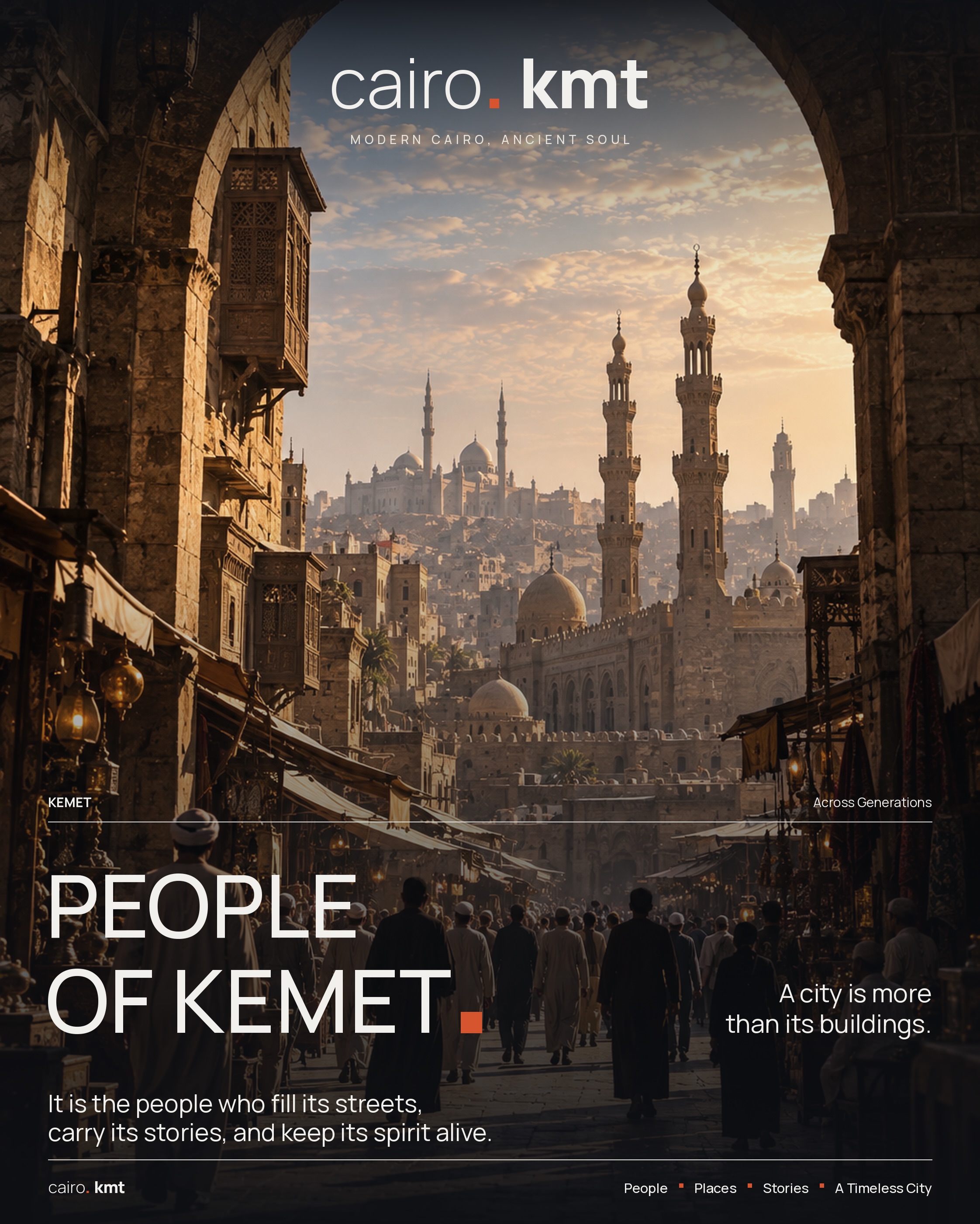 Mud-brick houses and camels on the bank of the Nile, under the word KEMET