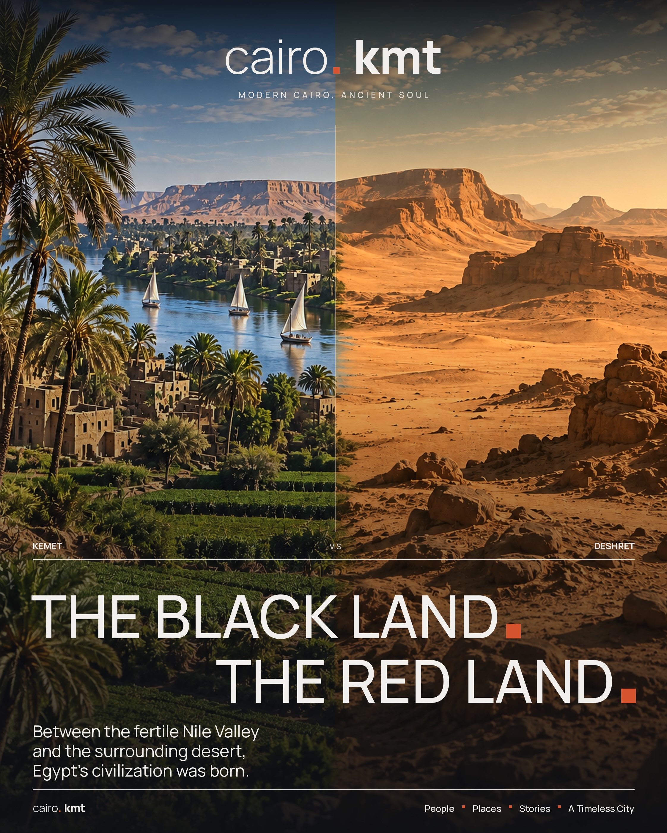 Mud-brick houses and camels on the bank of the Nile, under the word KEMET