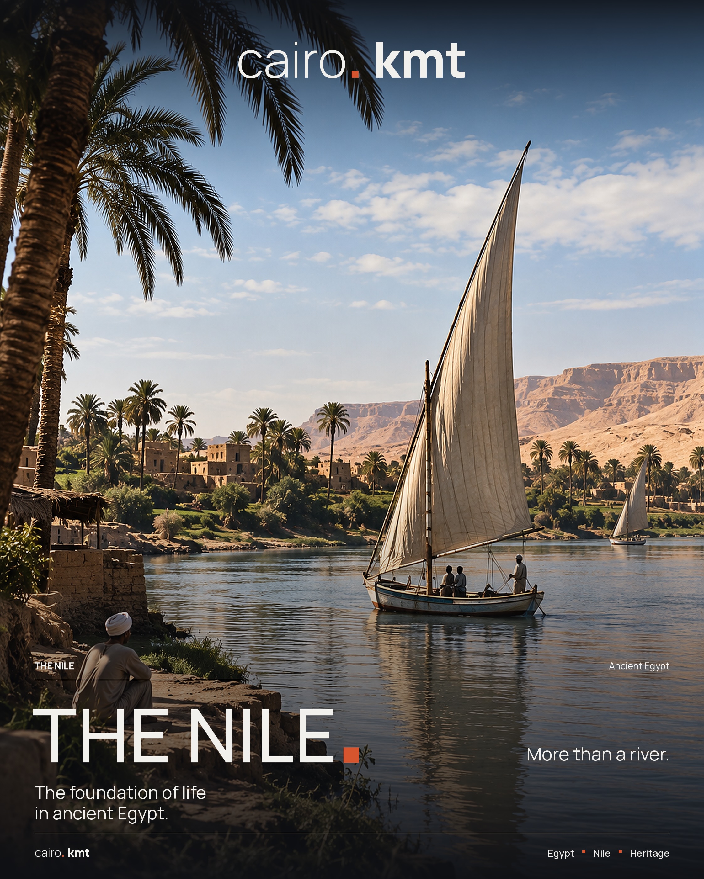 Mud-brick houses and camels on the bank of the Nile, under the word KEMET
