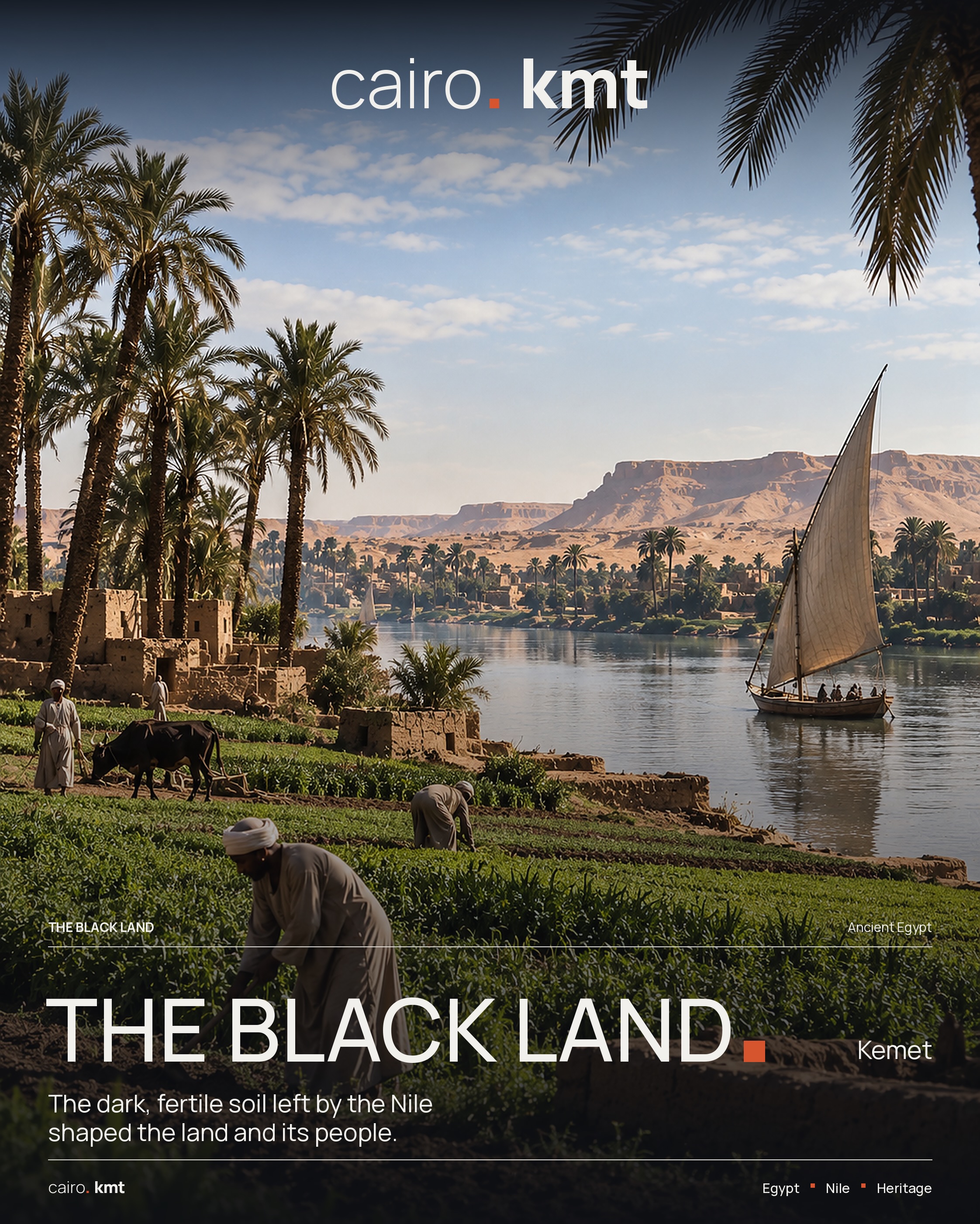 Mud-brick houses and camels on the bank of the Nile, under the word KEMET