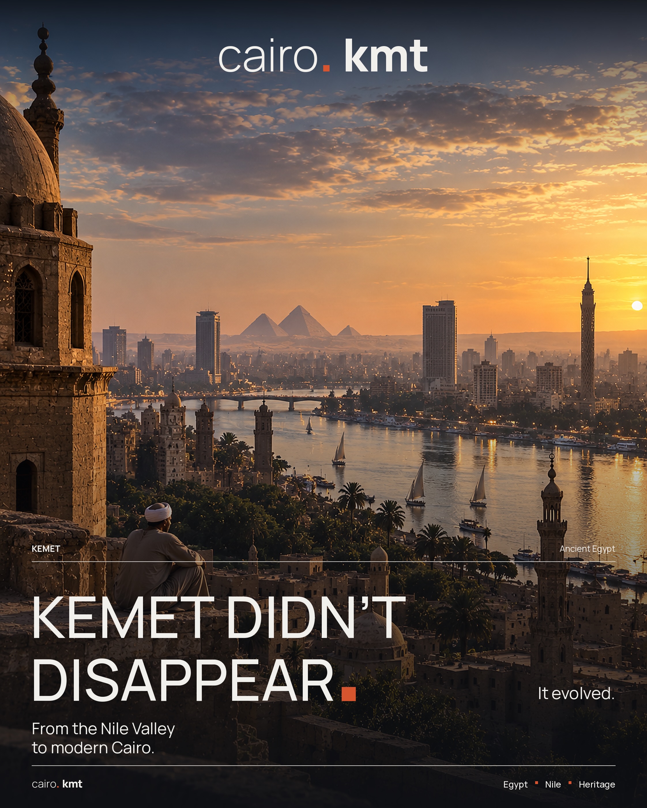 Mud-brick houses and camels on the bank of the Nile, under the word KEMET