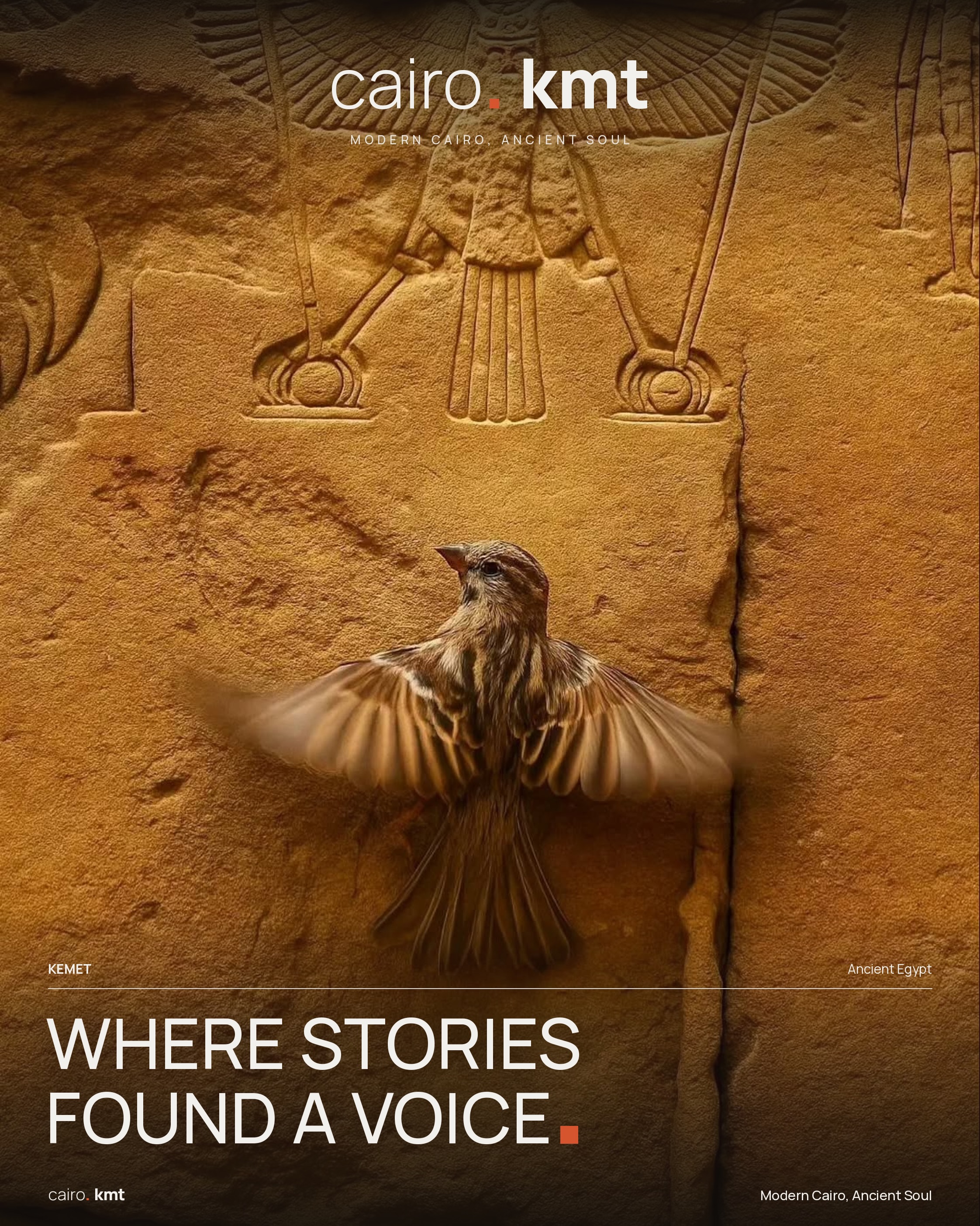 Sparrows nesting in a gap in a stone wall carved with hieroglyphs