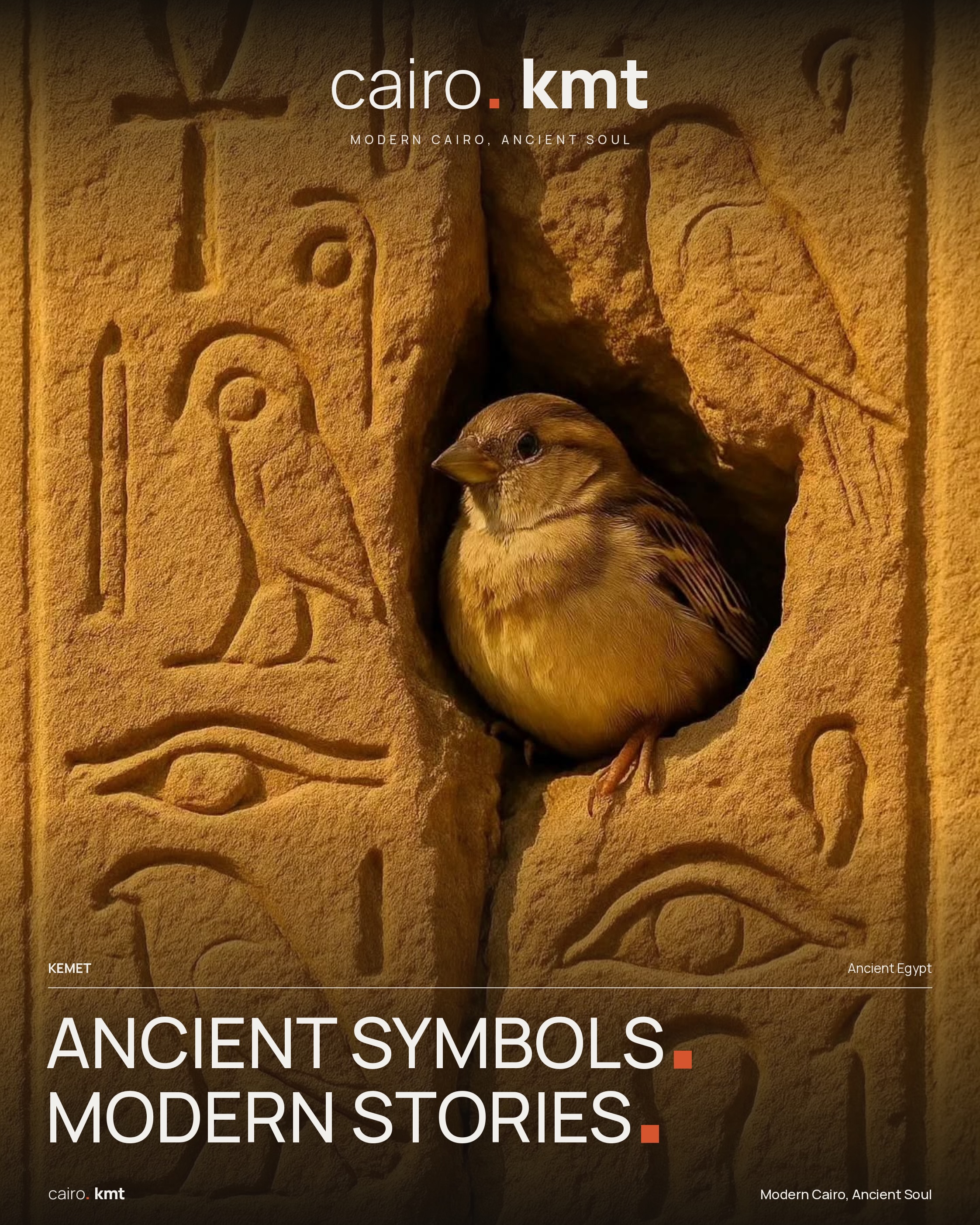 Sparrows nesting in a gap in a stone wall carved with hieroglyphs