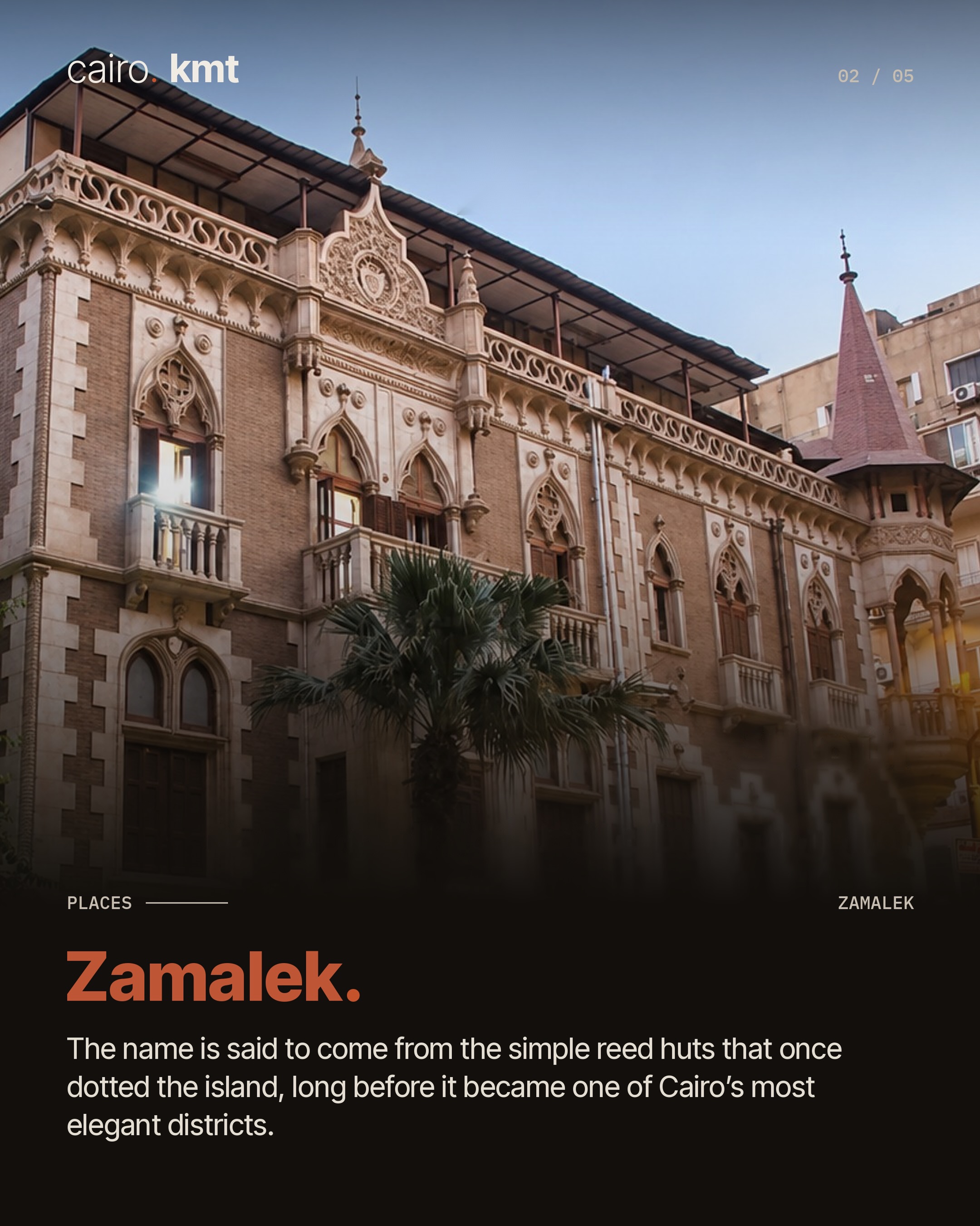 A historic palace with a pointed tower among palm trees