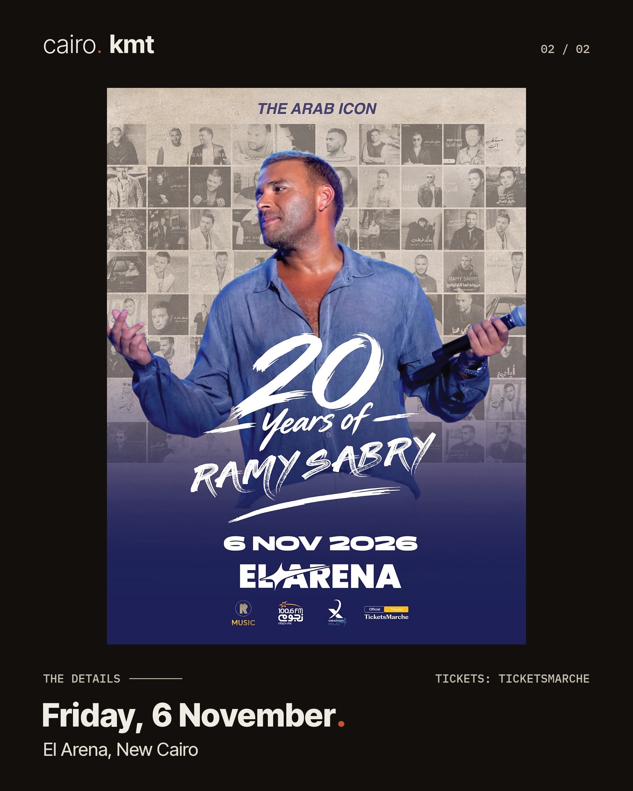Ramy Sabry singing on stage, with the headline 20 years of Ramy Sabry