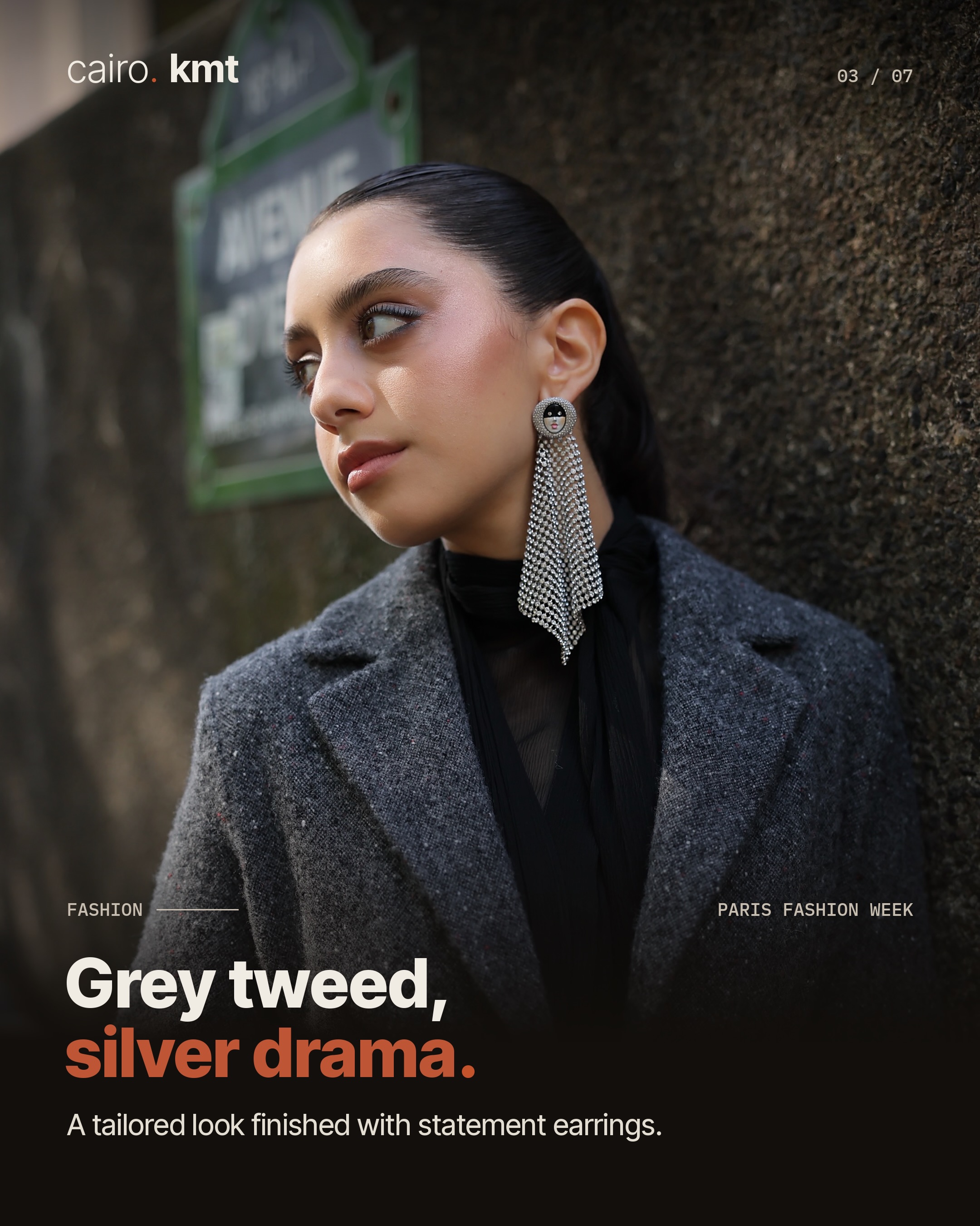 Yasmina El Abd in a grey jacket beneath the Dior name