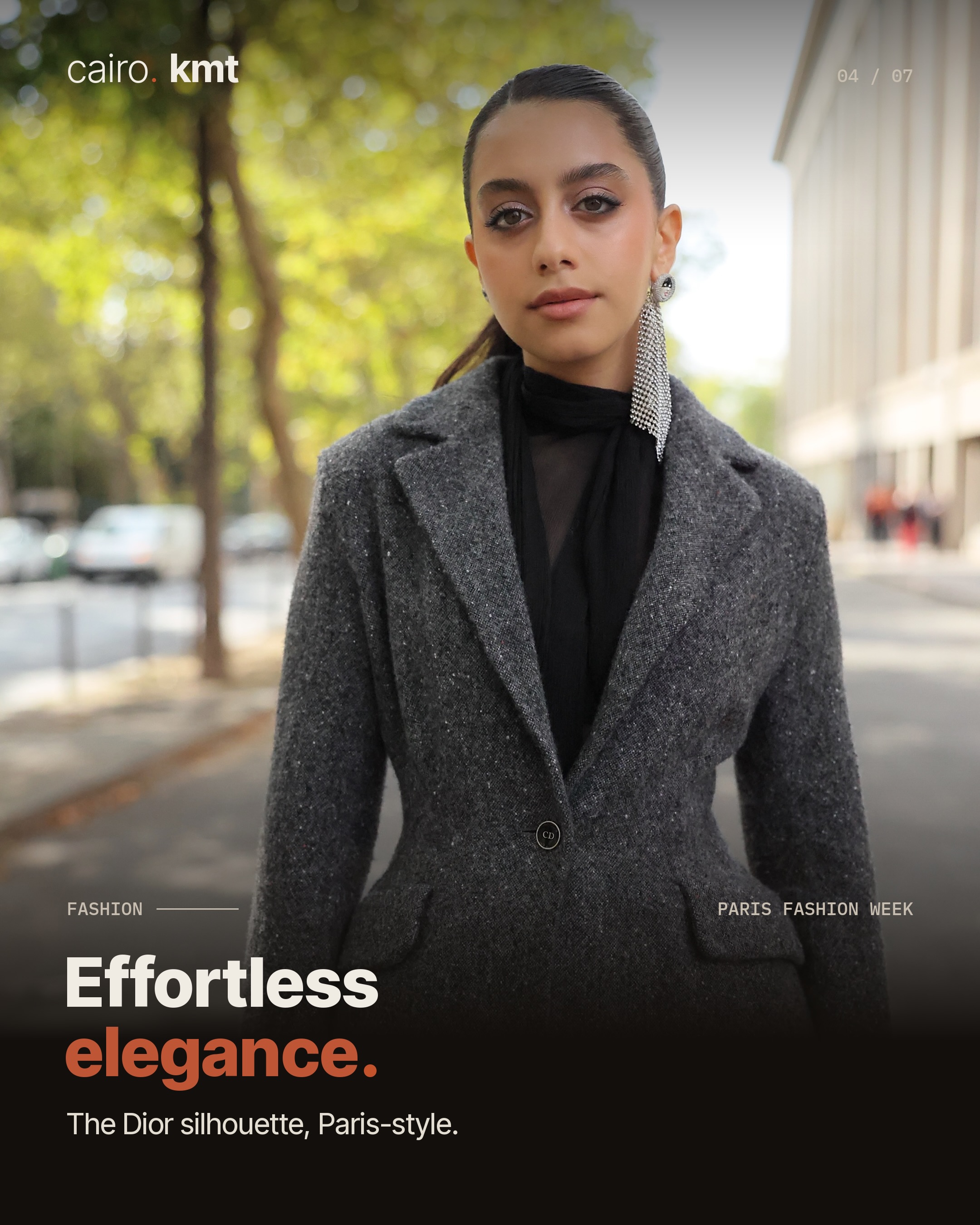 Yasmina El Abd in a grey jacket beneath the Dior name