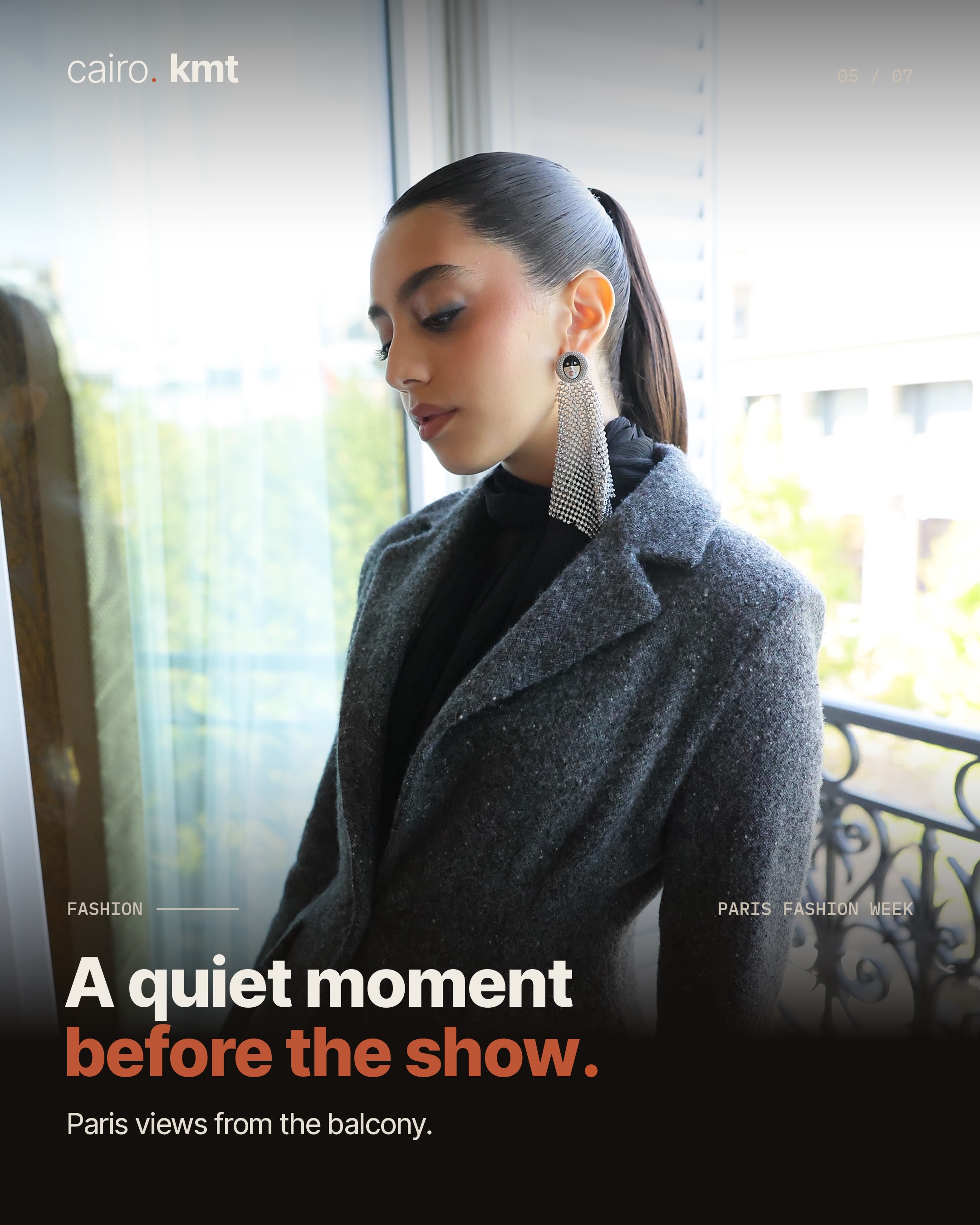 Yasmina El Abd in a grey jacket beneath the Dior name