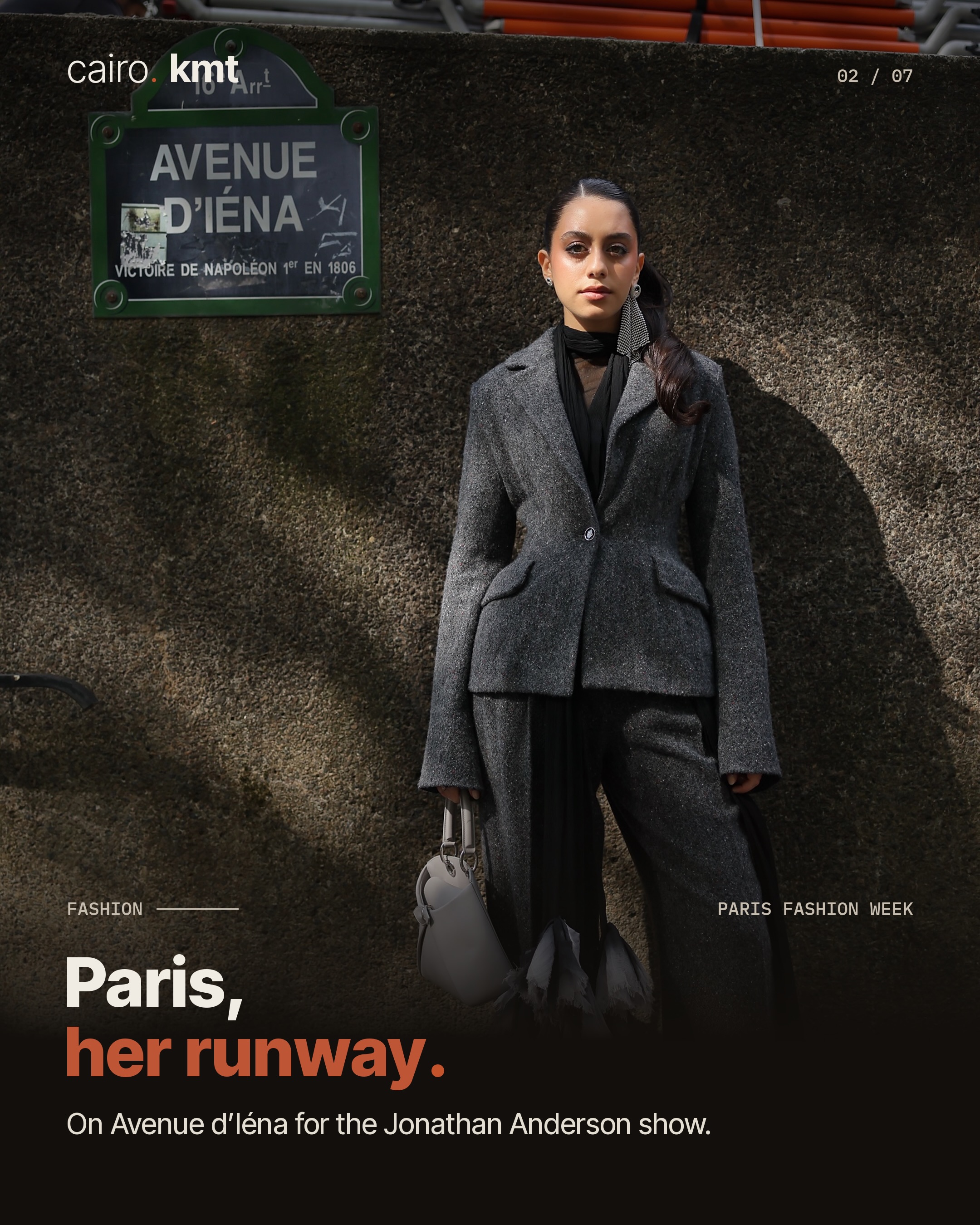 Yasmina El Abd in a grey jacket beneath the Dior name