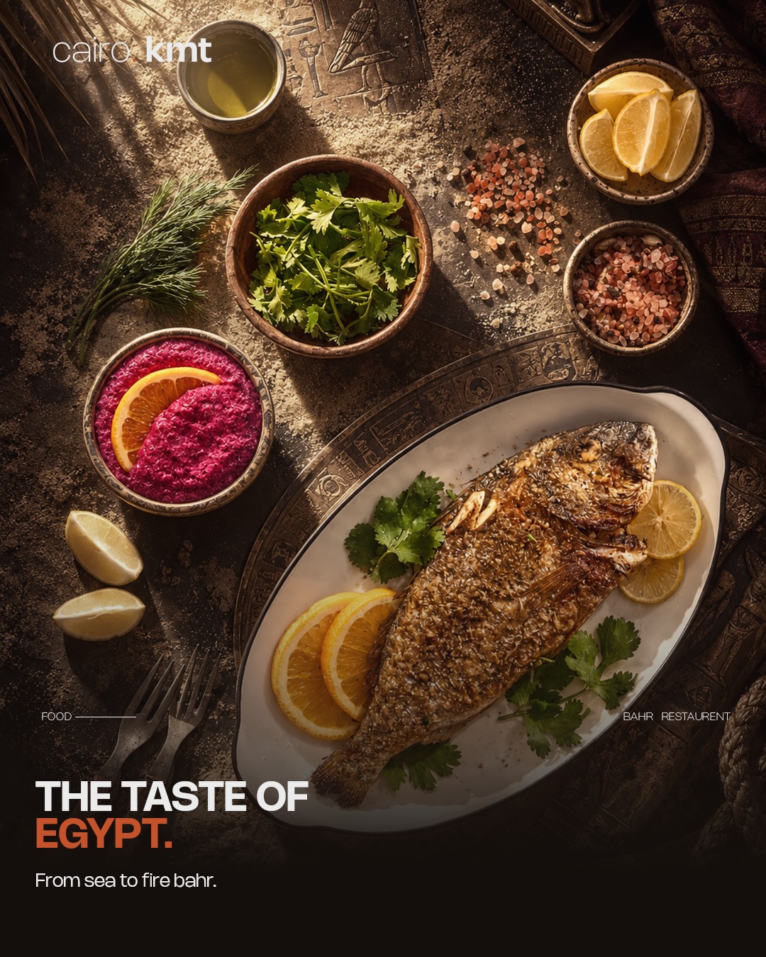Grilled fish, shrimp tagine and a seafood pot on a table