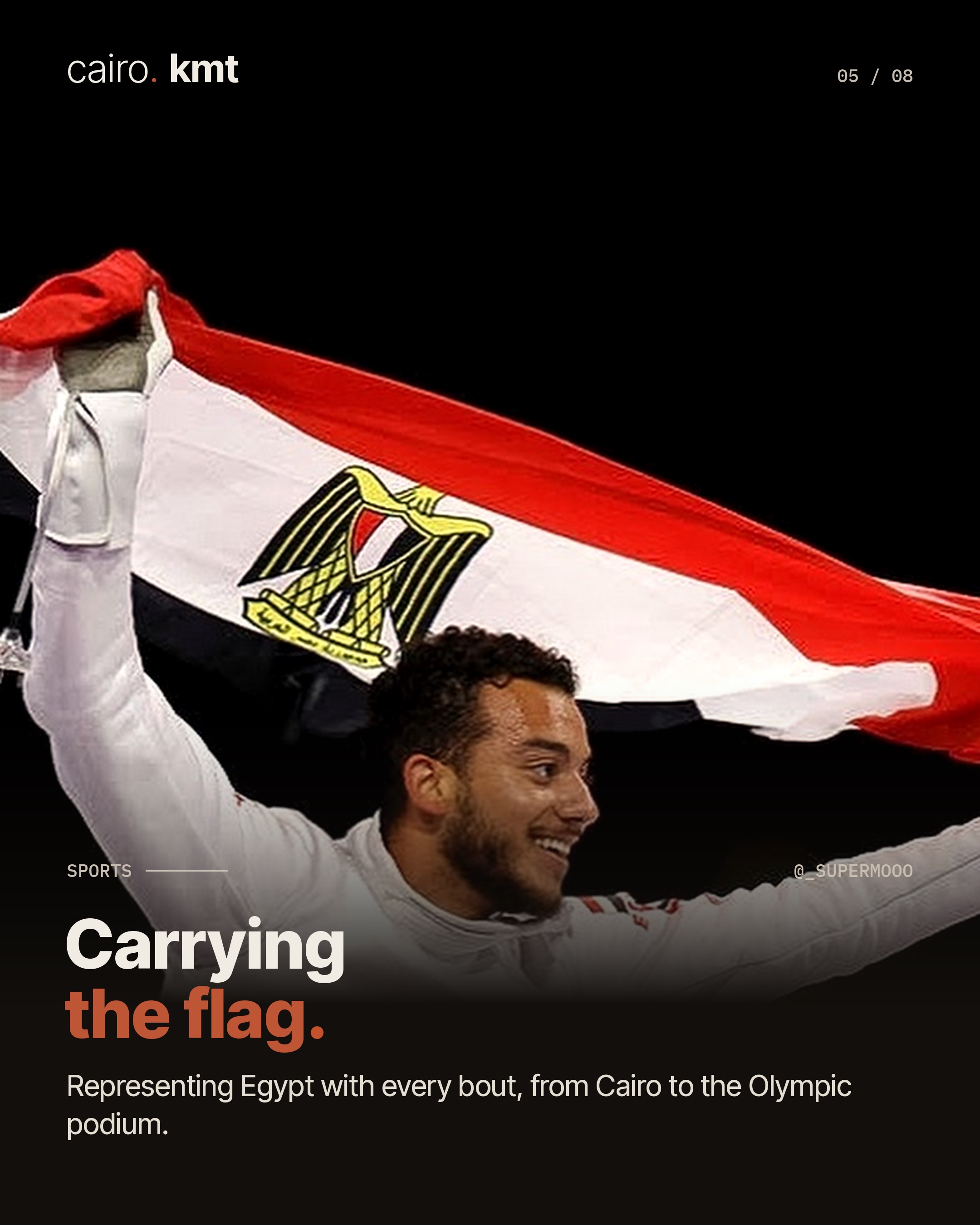 Mohamed Elsayed celebrating on the piste in fencing whites