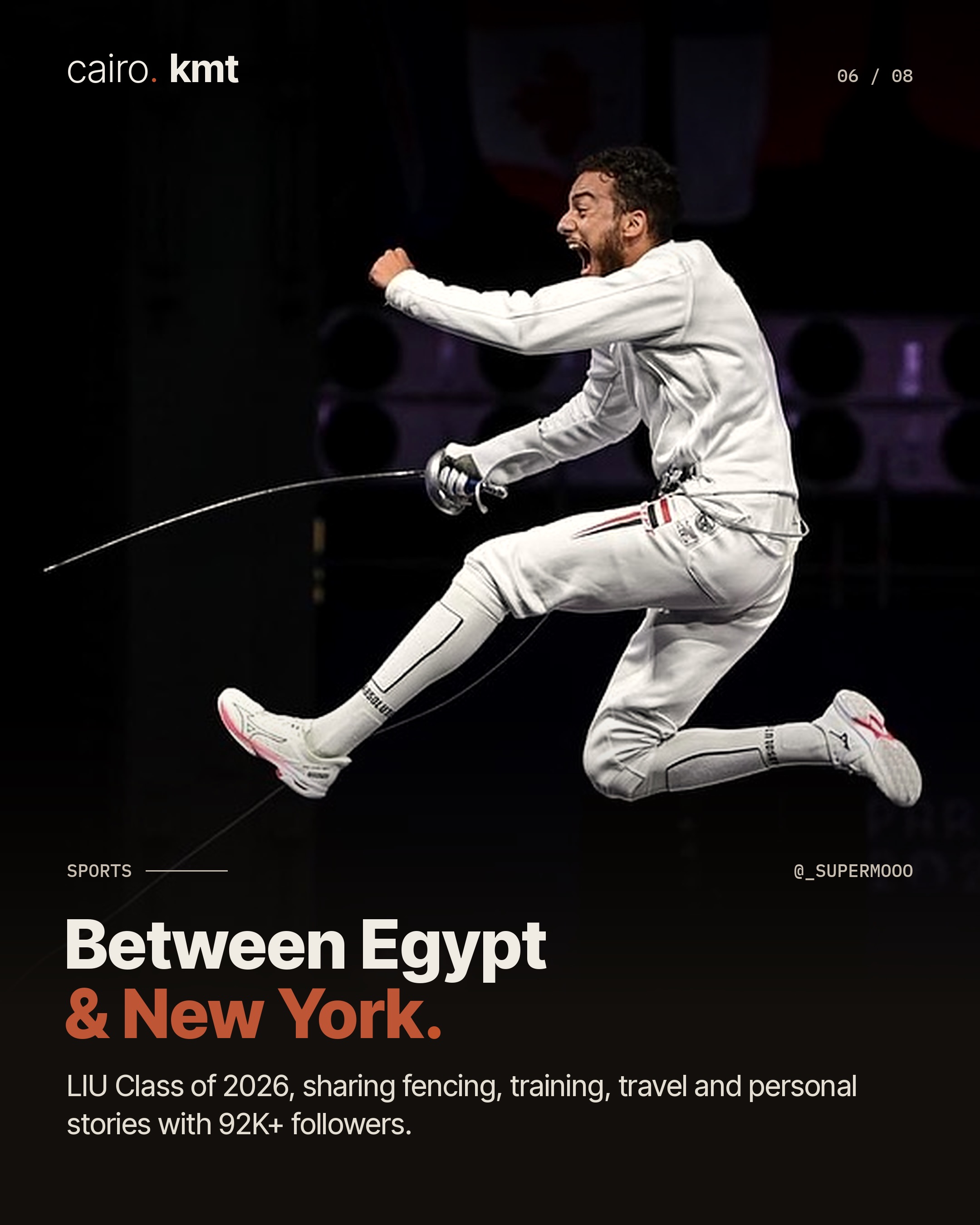 Mohamed Elsayed celebrating on the piste in fencing whites
