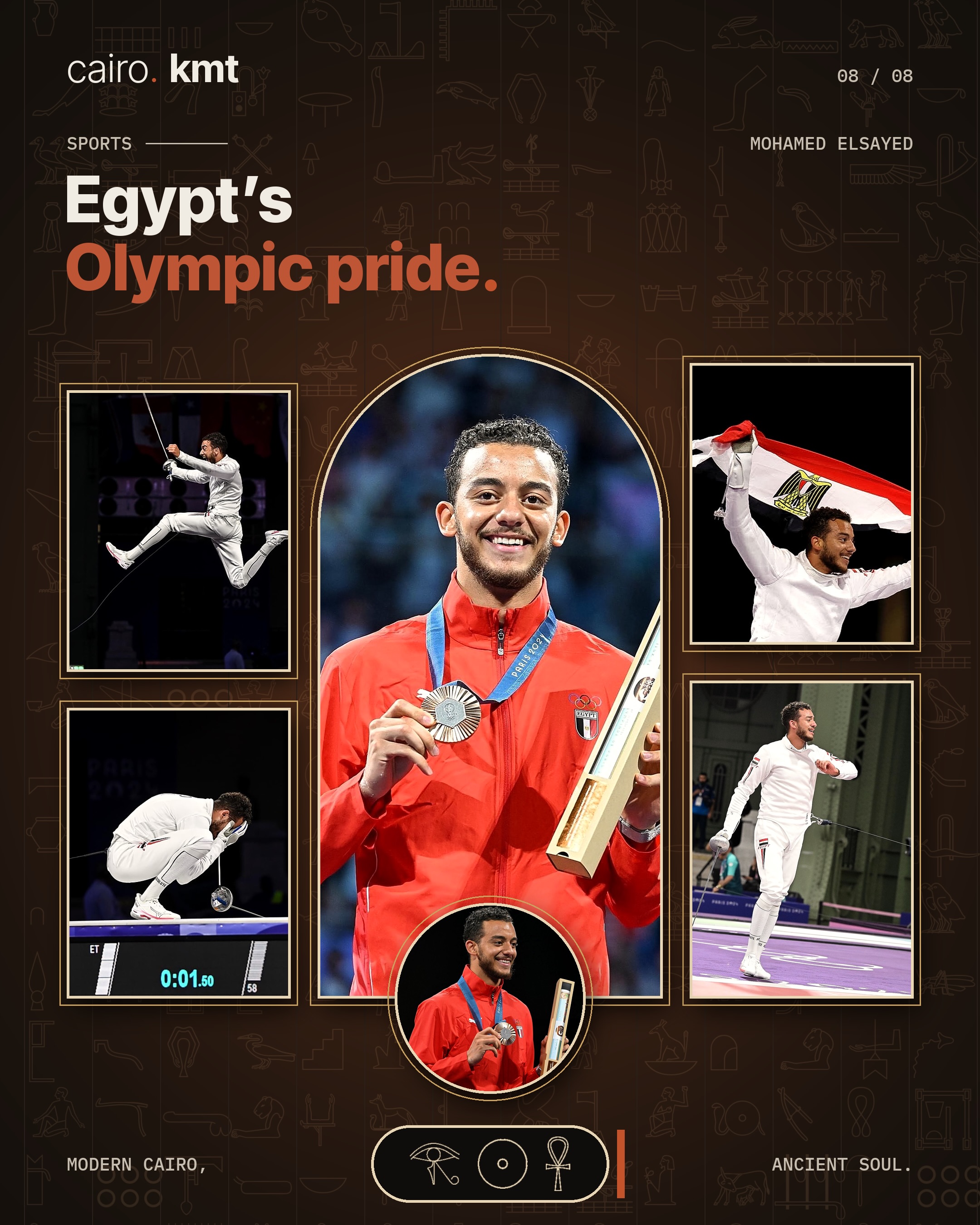 Mohamed Elsayed celebrating on the piste in fencing whites