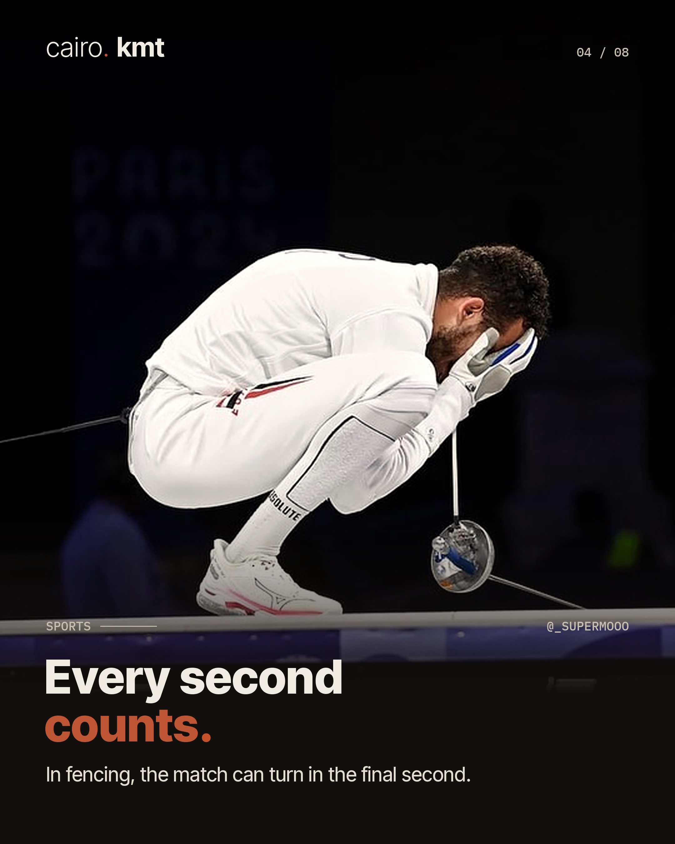Mohamed Elsayed celebrating on the piste in fencing whites
