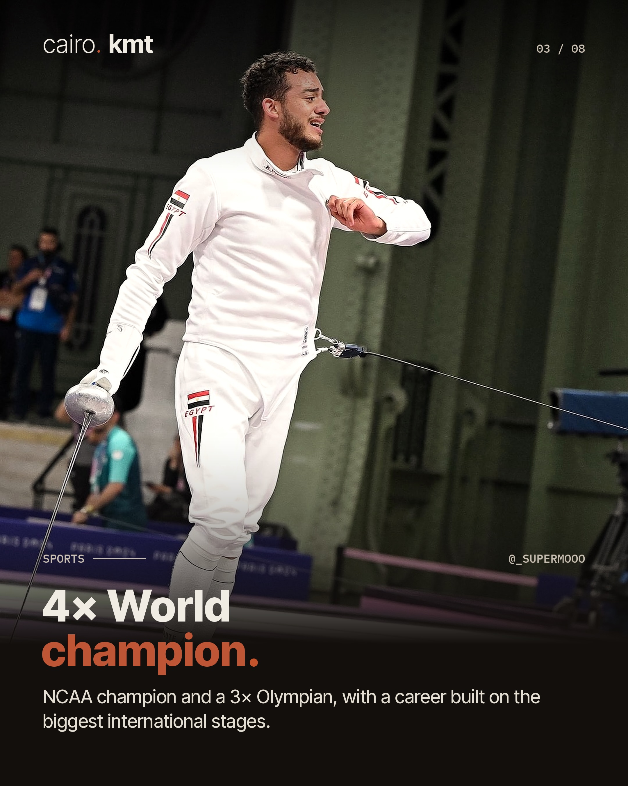 Mohamed Elsayed celebrating on the piste in fencing whites