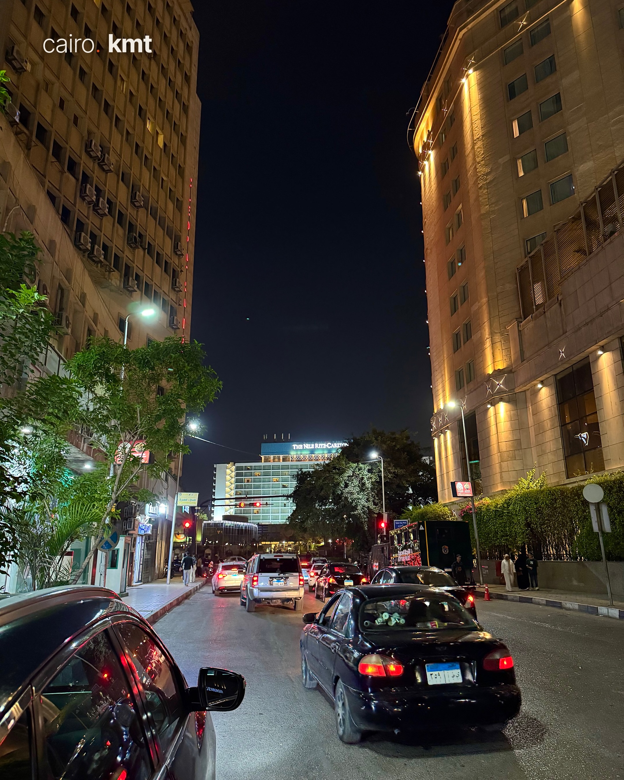 A lit Khedival-era building in Downtown Cairo at night