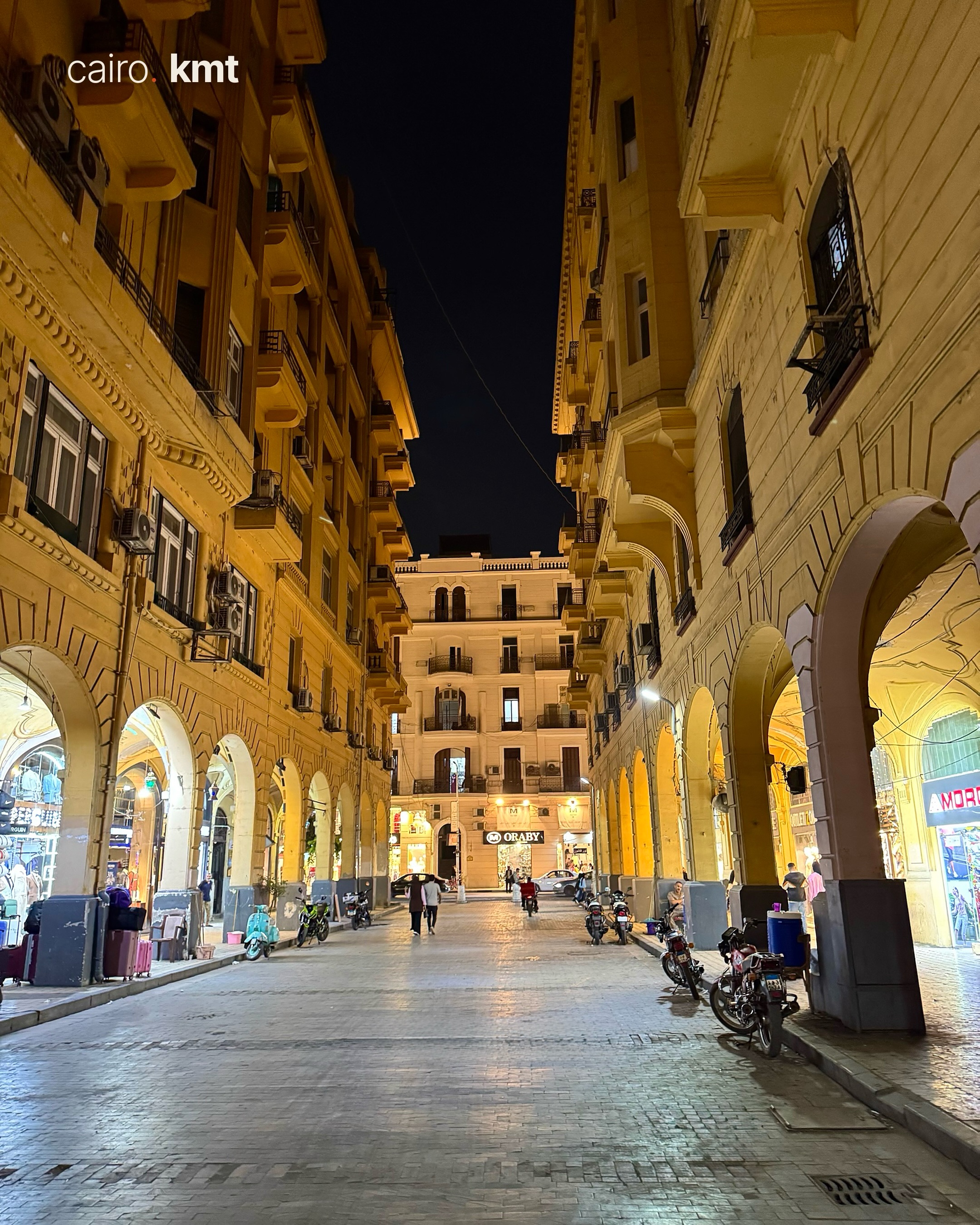 A lit Khedival-era building in Downtown Cairo at night