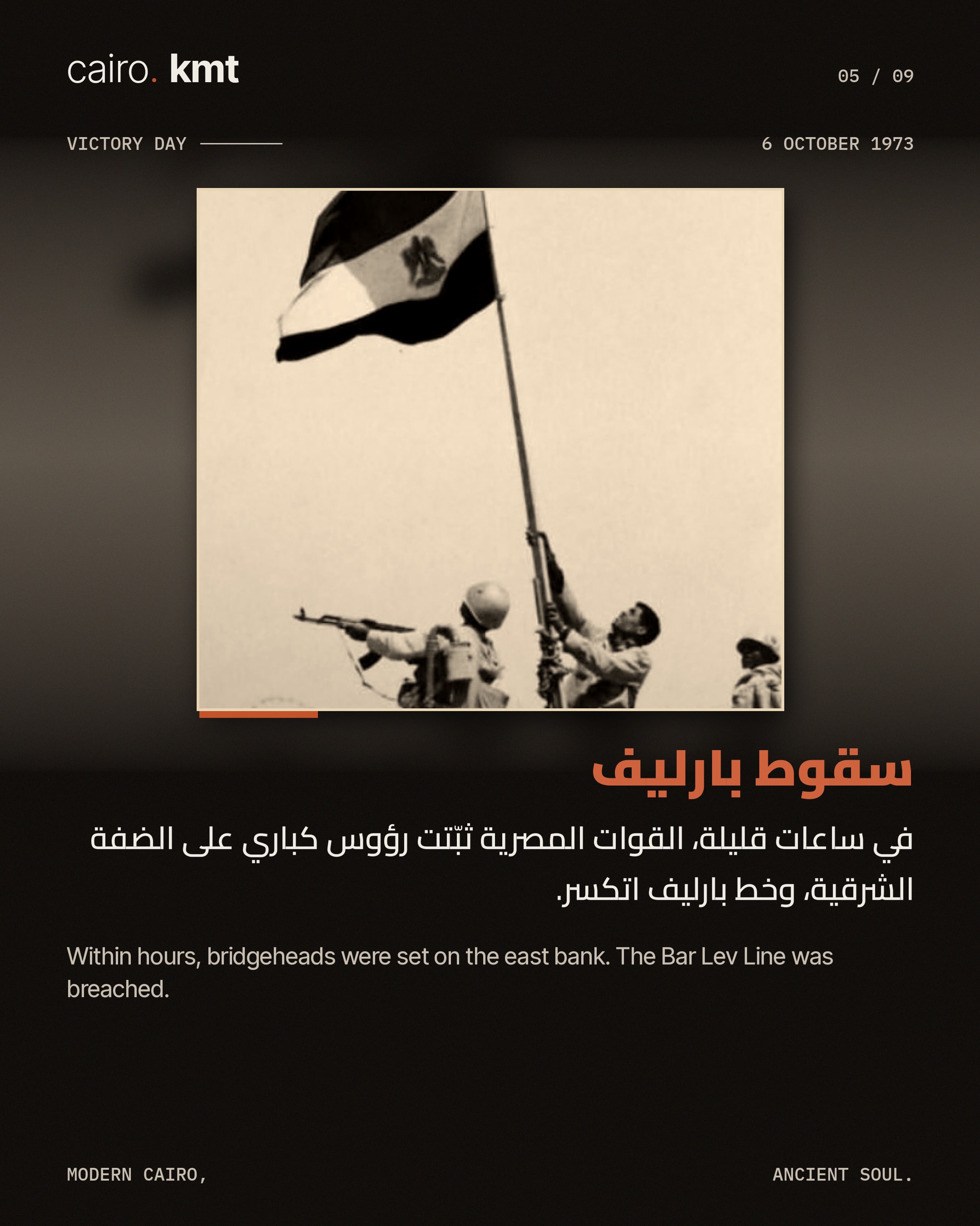 Egyptian soldiers raise the flag after crossing the Suez Canal in 1973