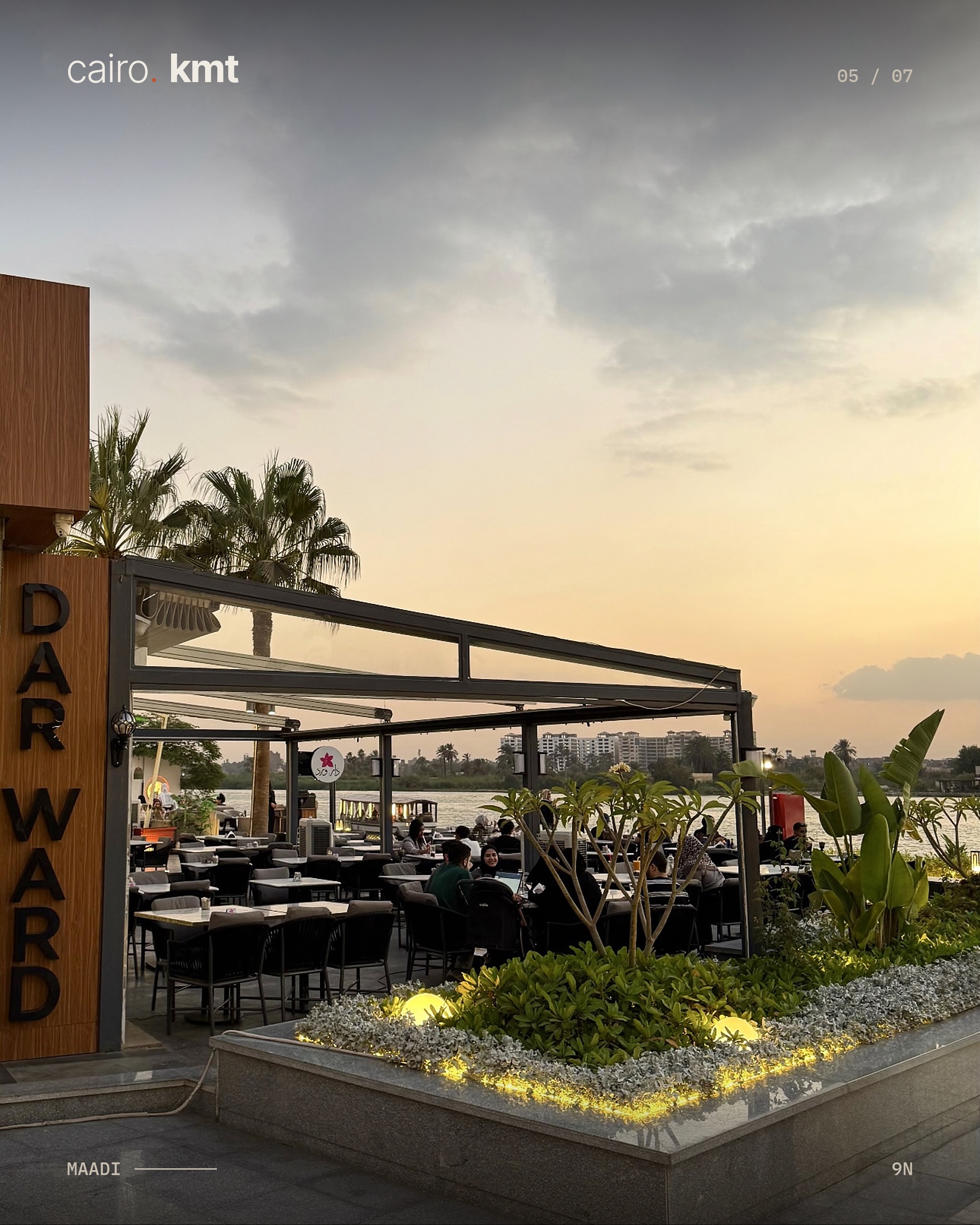 9N’s Nile-side terrace in Maadi at sunset