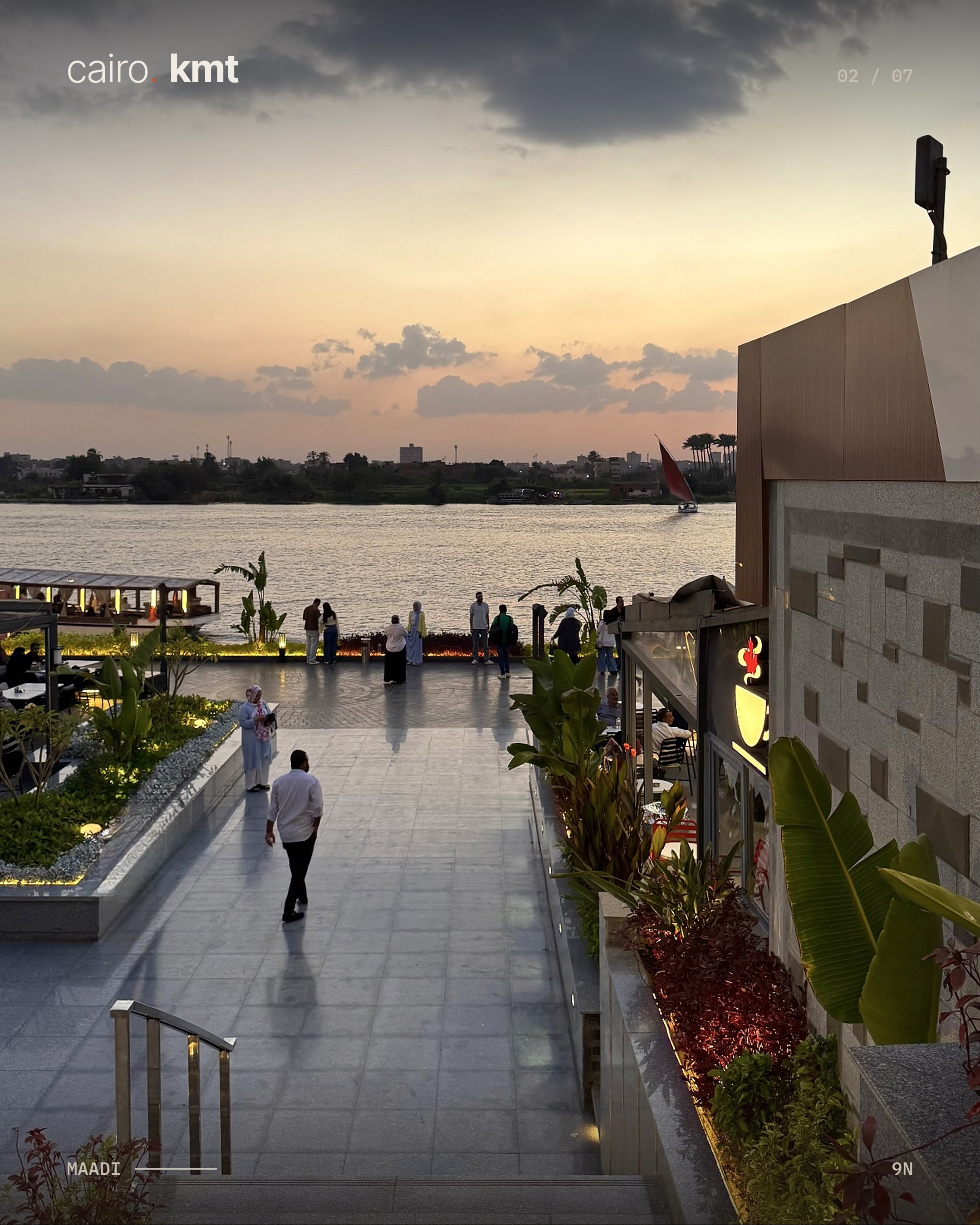 9N’s Nile-side terrace in Maadi at sunset