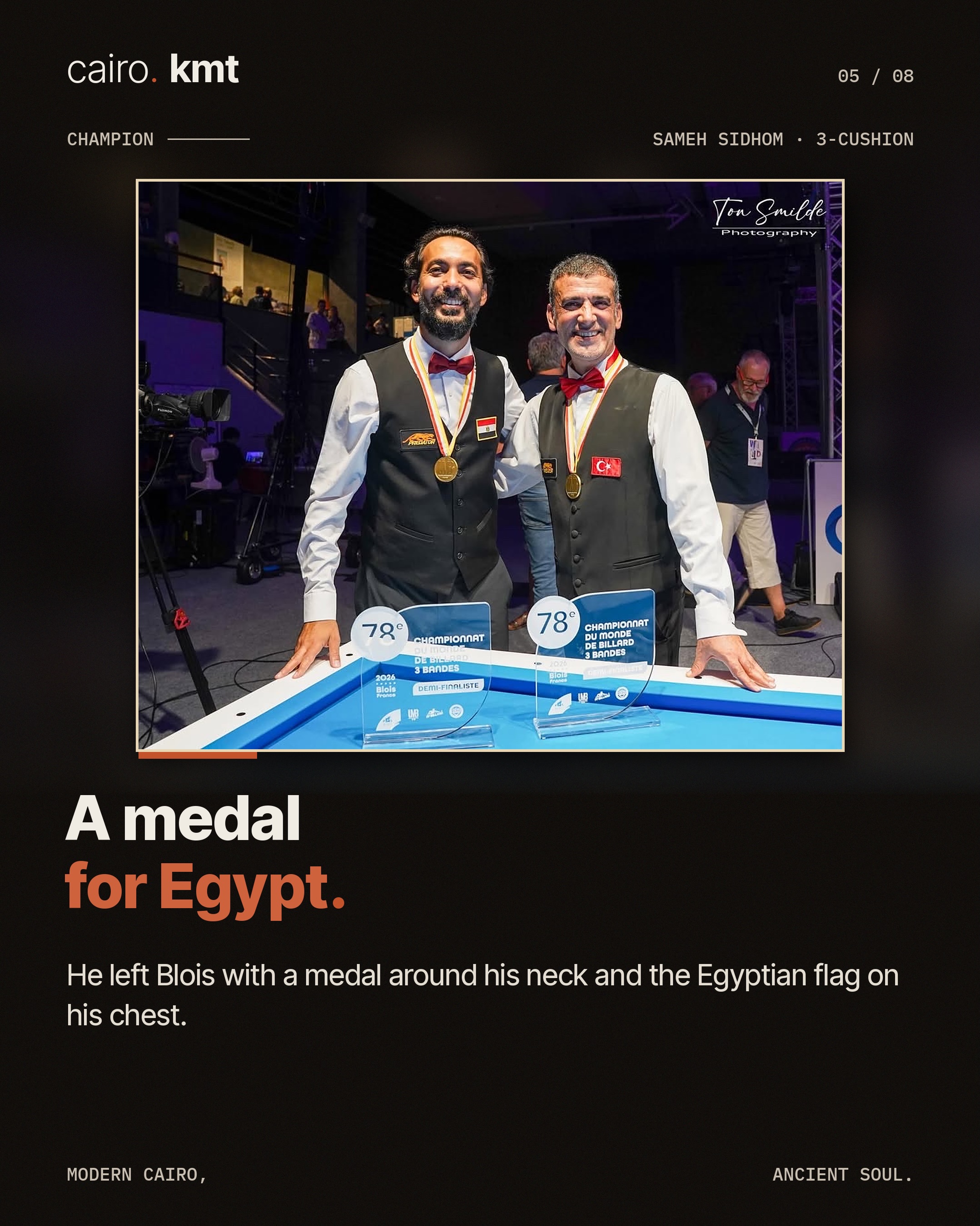Sameh Sidhom lines up a shot at a three-cushion billiards table