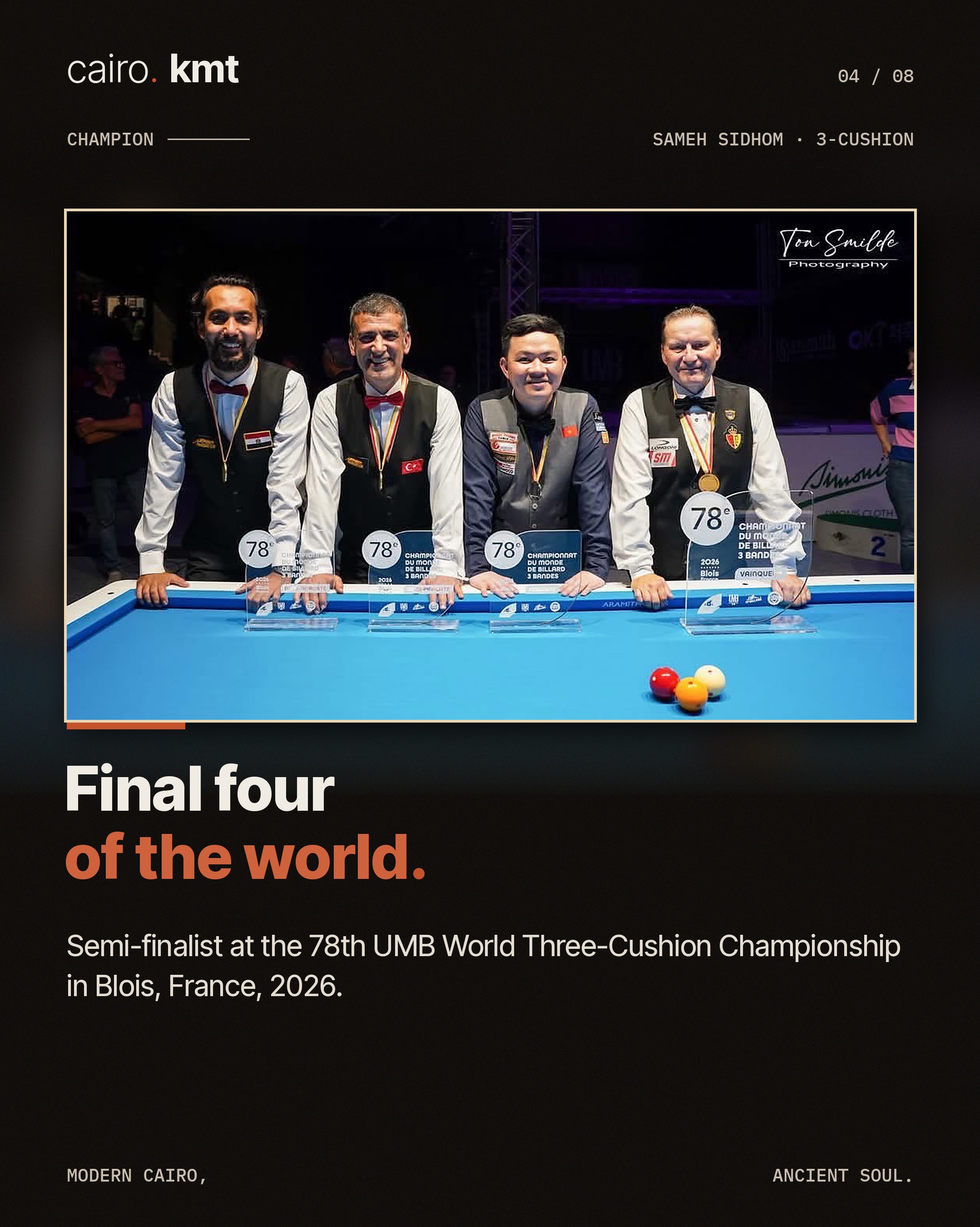 Sameh Sidhom lines up a shot at a three-cushion billiards table