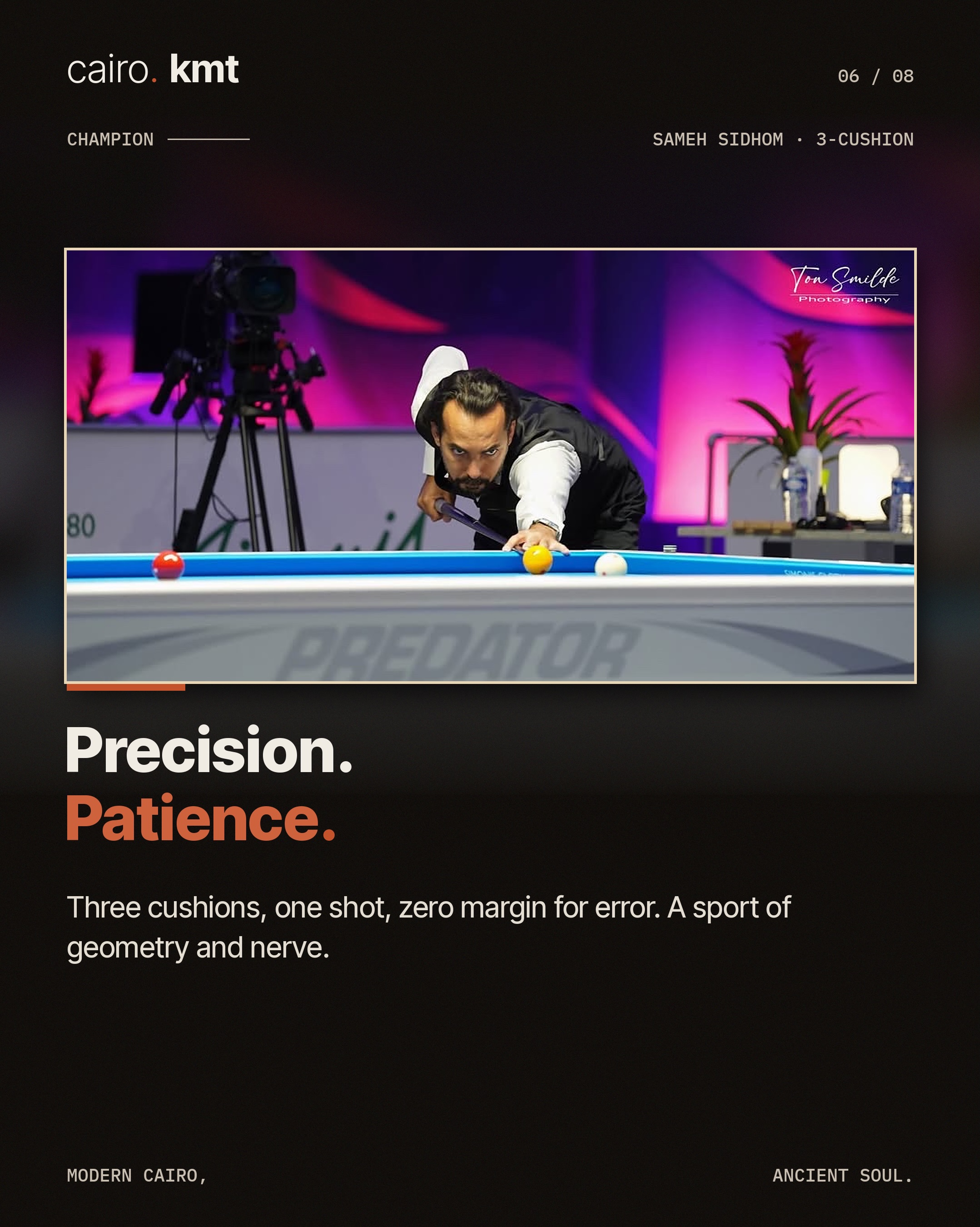 Sameh Sidhom lines up a shot at a three-cushion billiards table