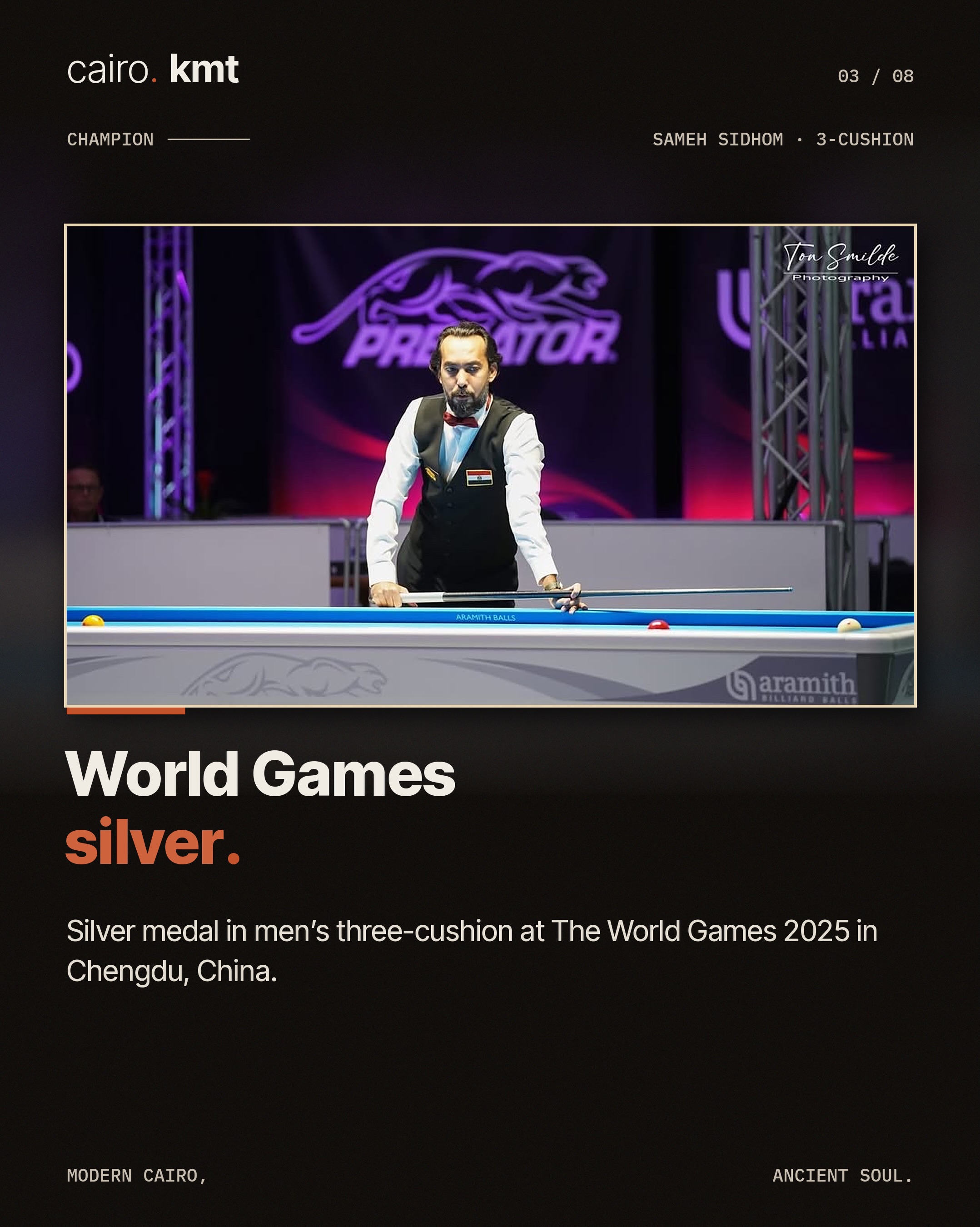 Sameh Sidhom lines up a shot at a three-cushion billiards table