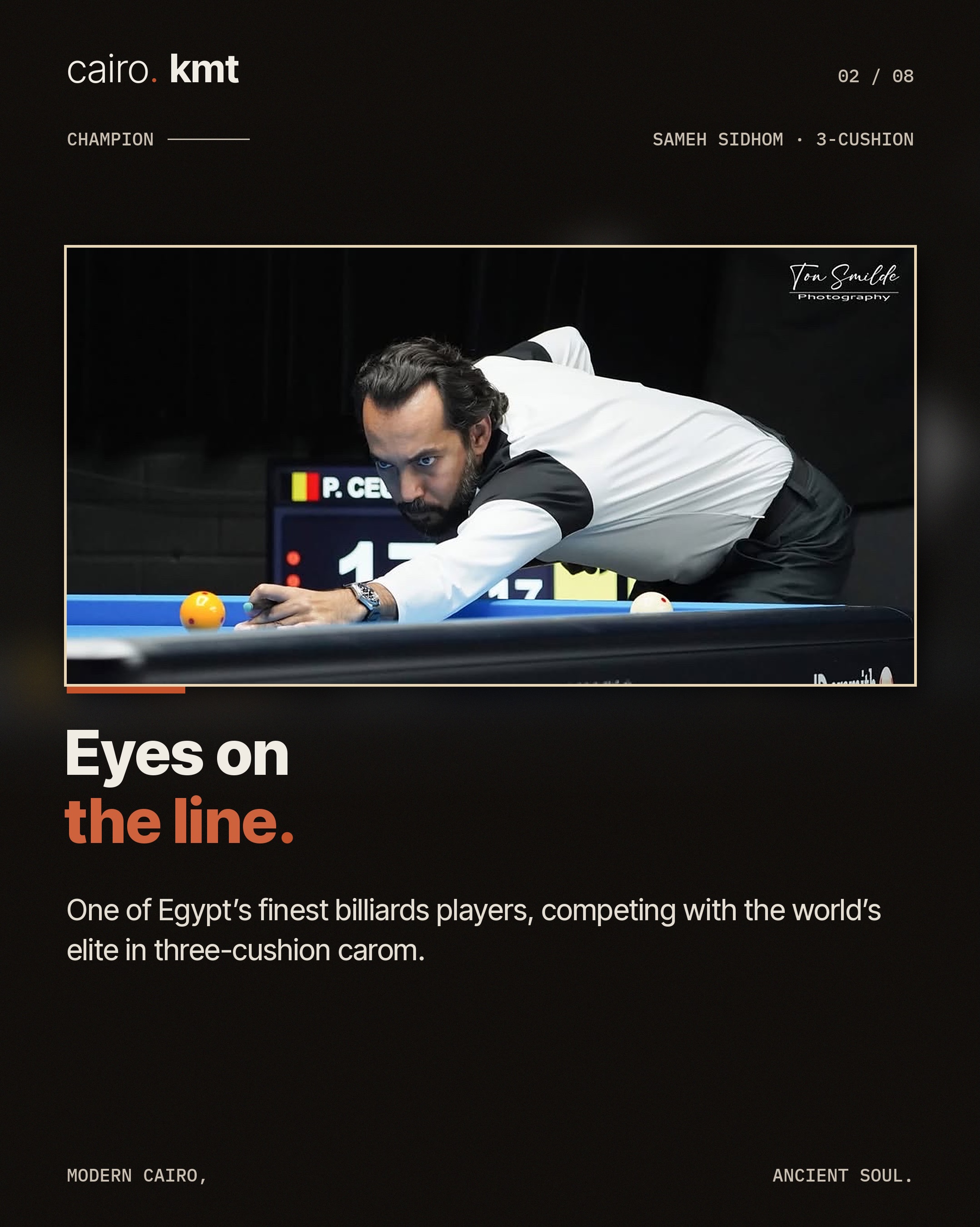 Sameh Sidhom lines up a shot at a three-cushion billiards table